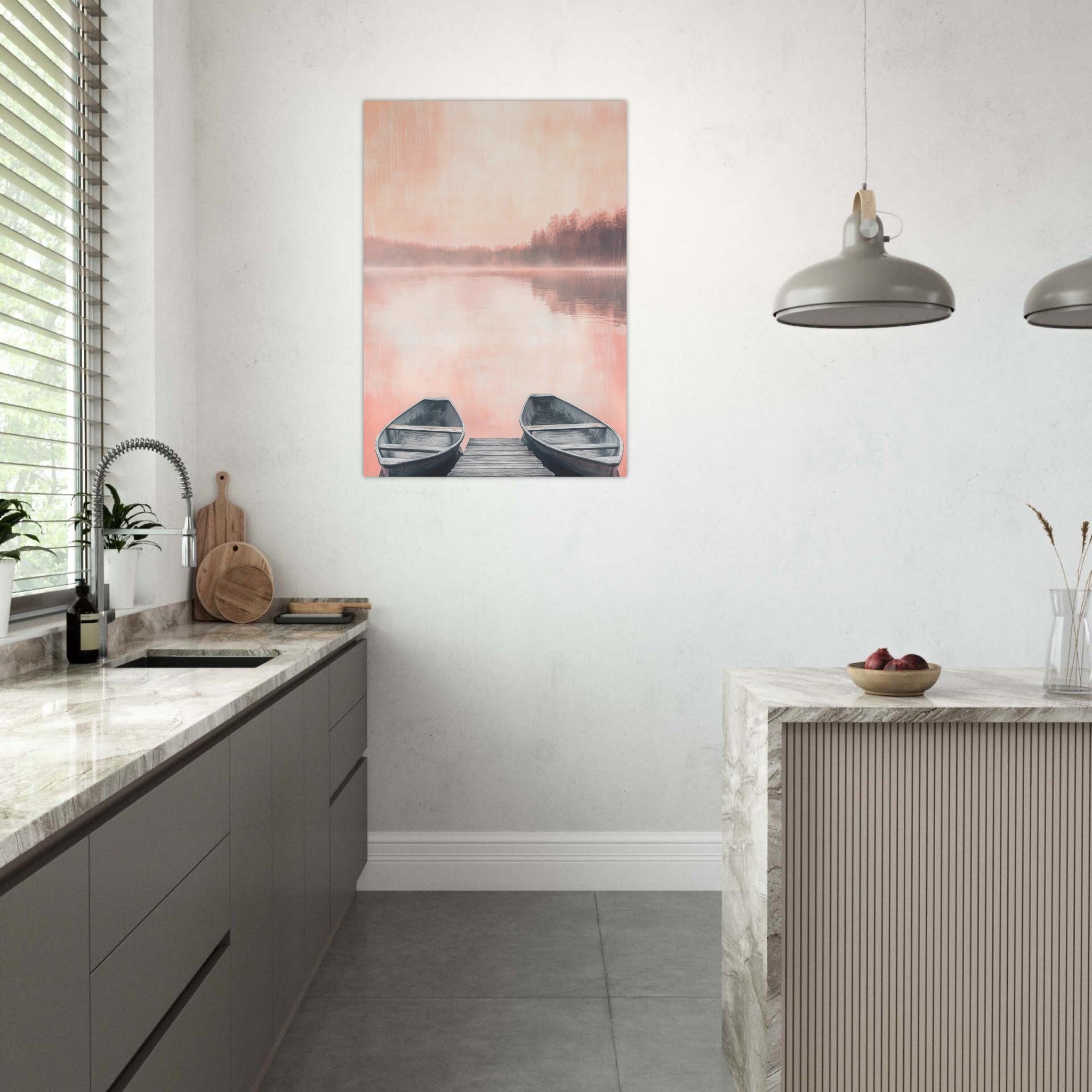 Aluminum Print Portrait - Serene Lake with Rowboats A tranquil lake - Shop Ai Art WebShop - Digital Art online Store