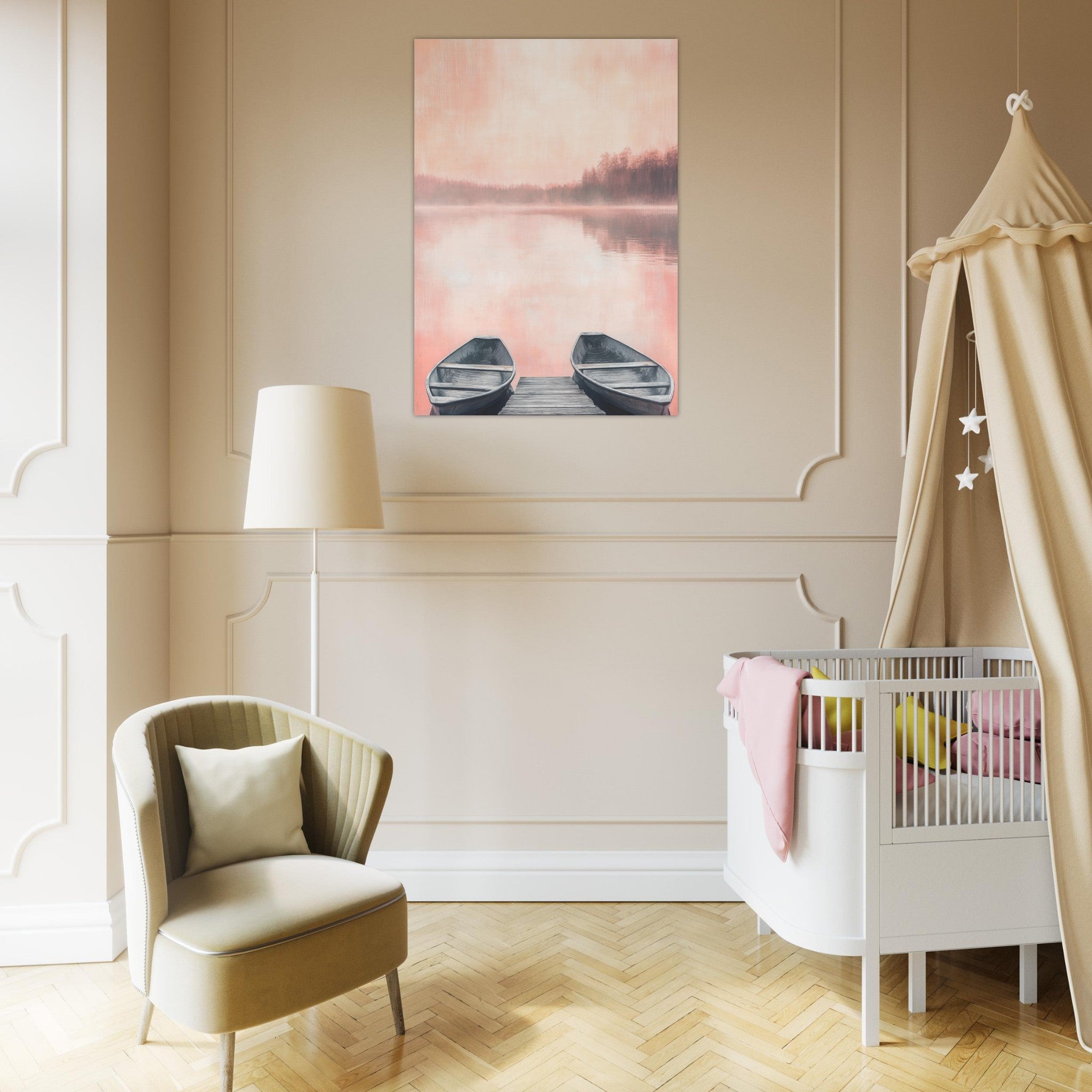 Aluminum Print Portrait - Serene Lake with Rowboats A tranquil lake - Shop Ai Art WebShop - Digital Art online Store