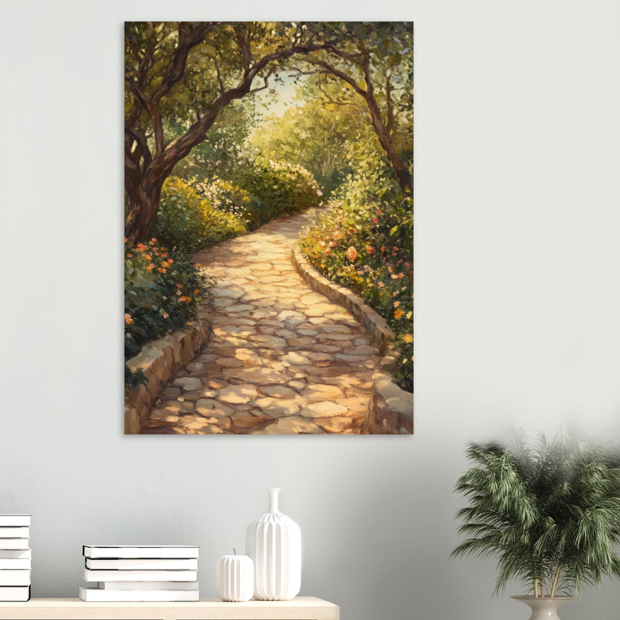 Aluminum Print Portrait - Sunlit Garden Path A meandering pathway through - Shop Ai Art WebShop - Digital Art online Store