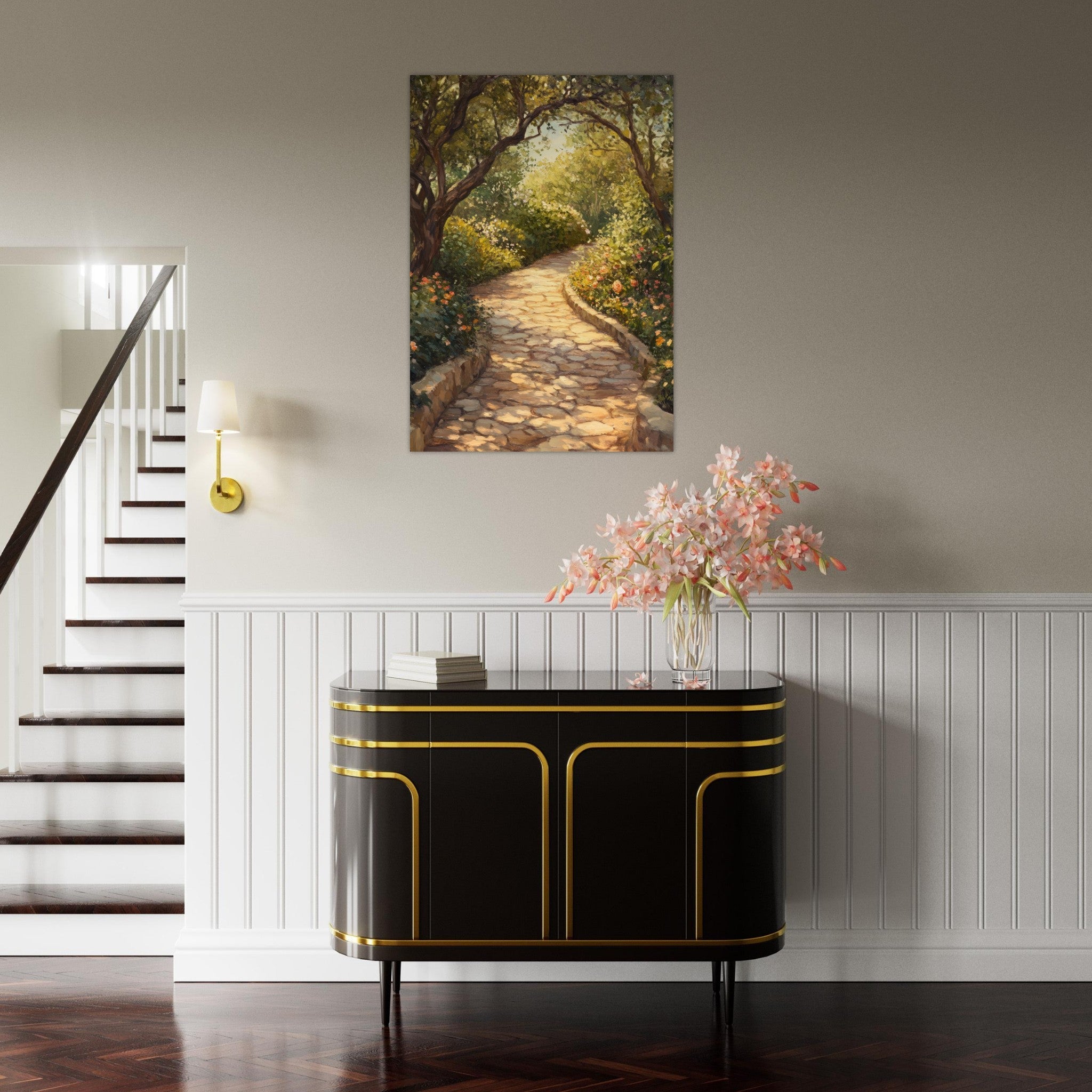 Aluminum Print Portrait - Sunlit Garden Path A meandering pathway through - Shop Ai Art WebShop - Digital Art online Store