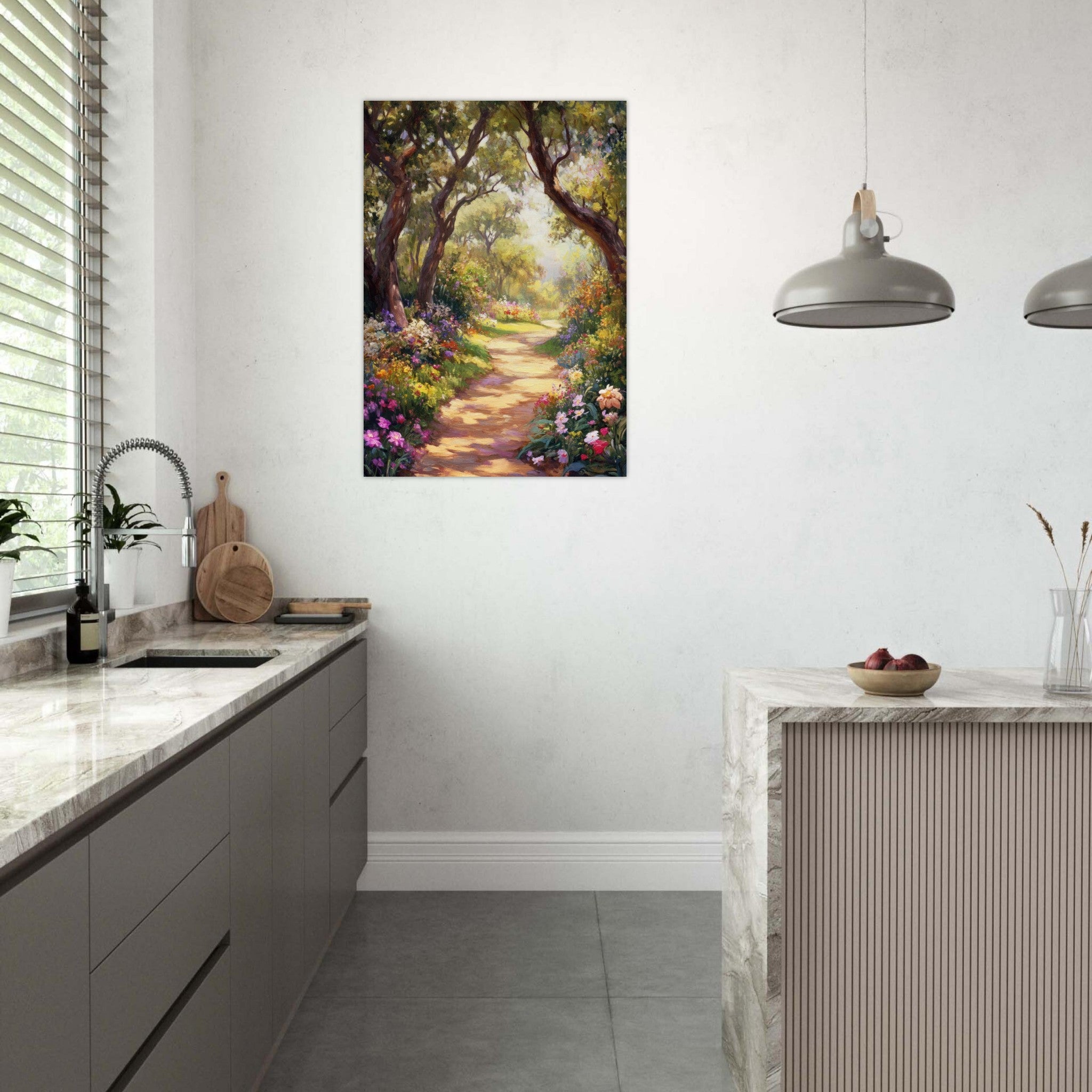 Aluminum Print Portrait - Sunlit Garden Path A meandering pathway through 2 - Shop Ai Art WebShop - Digital Art online Store