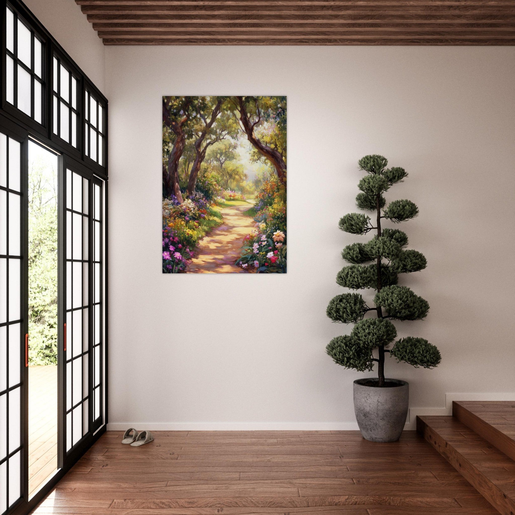 Aluminum Print Portrait - Sunlit Garden Path A meandering pathway through 2 - Shop Ai Art WebShop - Digital Art online Store