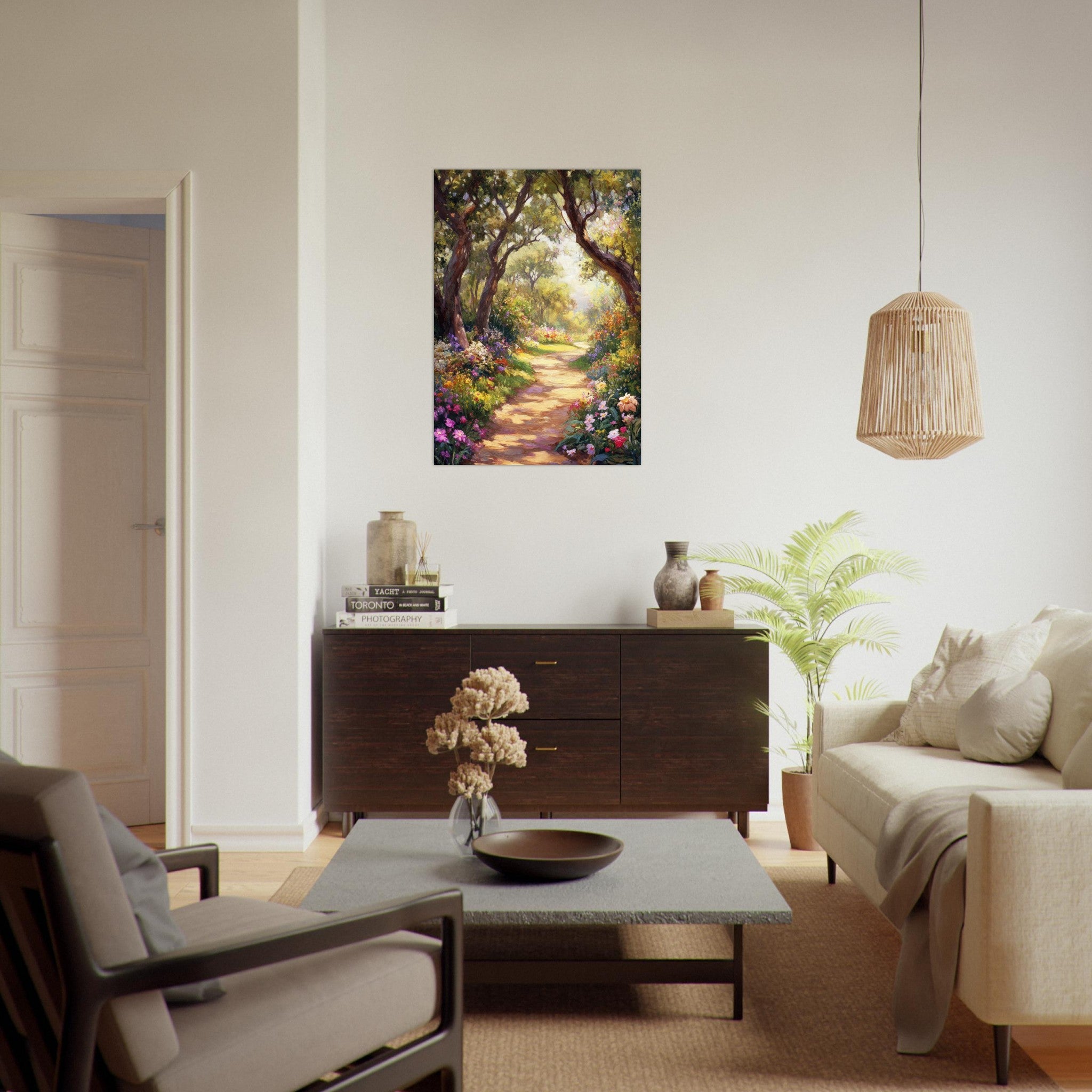 Aluminum Print Portrait - Sunlit Garden Path A meandering pathway through 2 - Shop Ai Art WebShop - Digital Art online Store