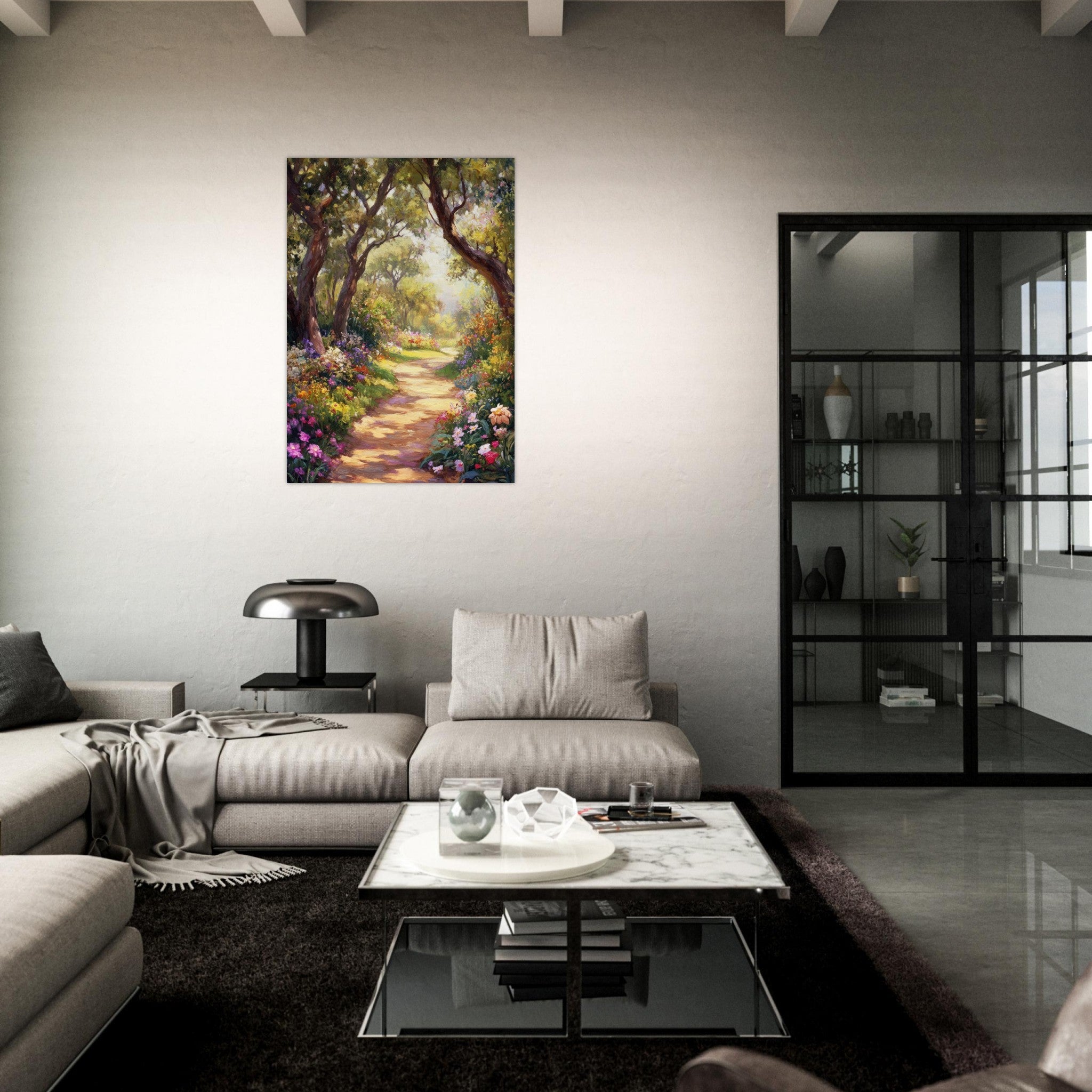 Aluminum Print Portrait - Sunlit Garden Path A meandering pathway through 2 - Shop Ai Art WebShop - Digital Art online Store