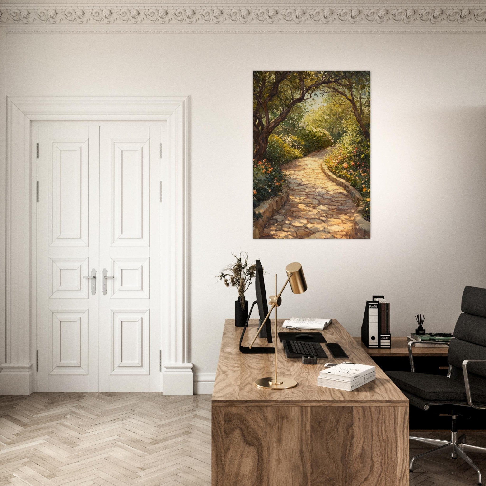 Aluminum Print Portrait - Sunlit Garden Path A meandering pathway through - Shop Ai Art WebShop - Digital Art online Store