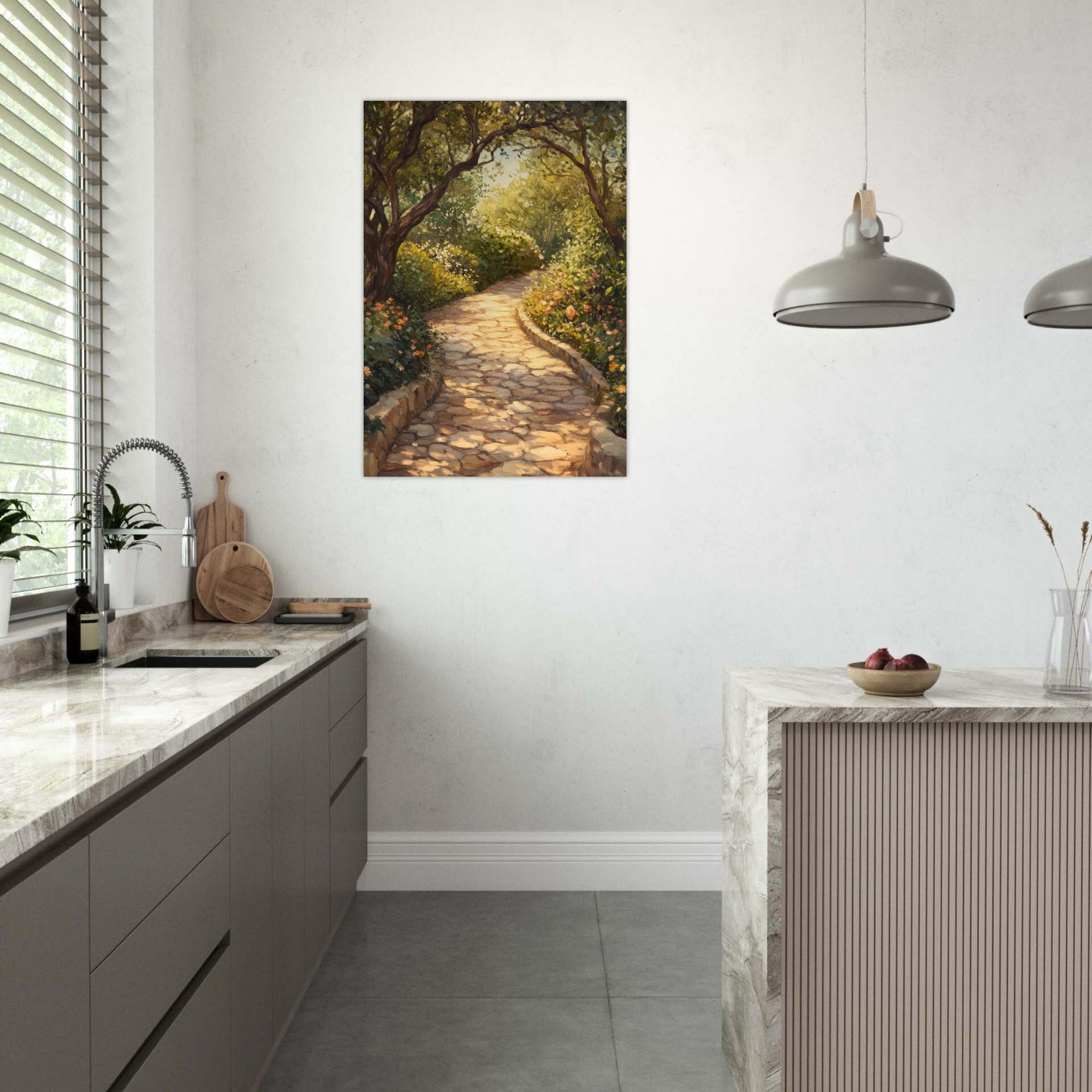 Aluminum Print Portrait - Sunlit Garden Path A meandering pathway through - Shop Ai Art WebShop - Digital Art online Store