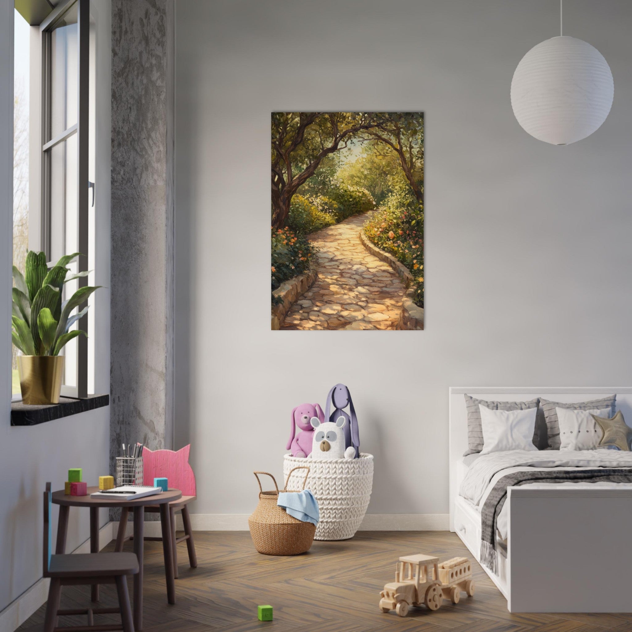 Aluminum Print Portrait - Sunlit Garden Path A meandering pathway through - Shop Ai Art WebShop - Digital Art online Store