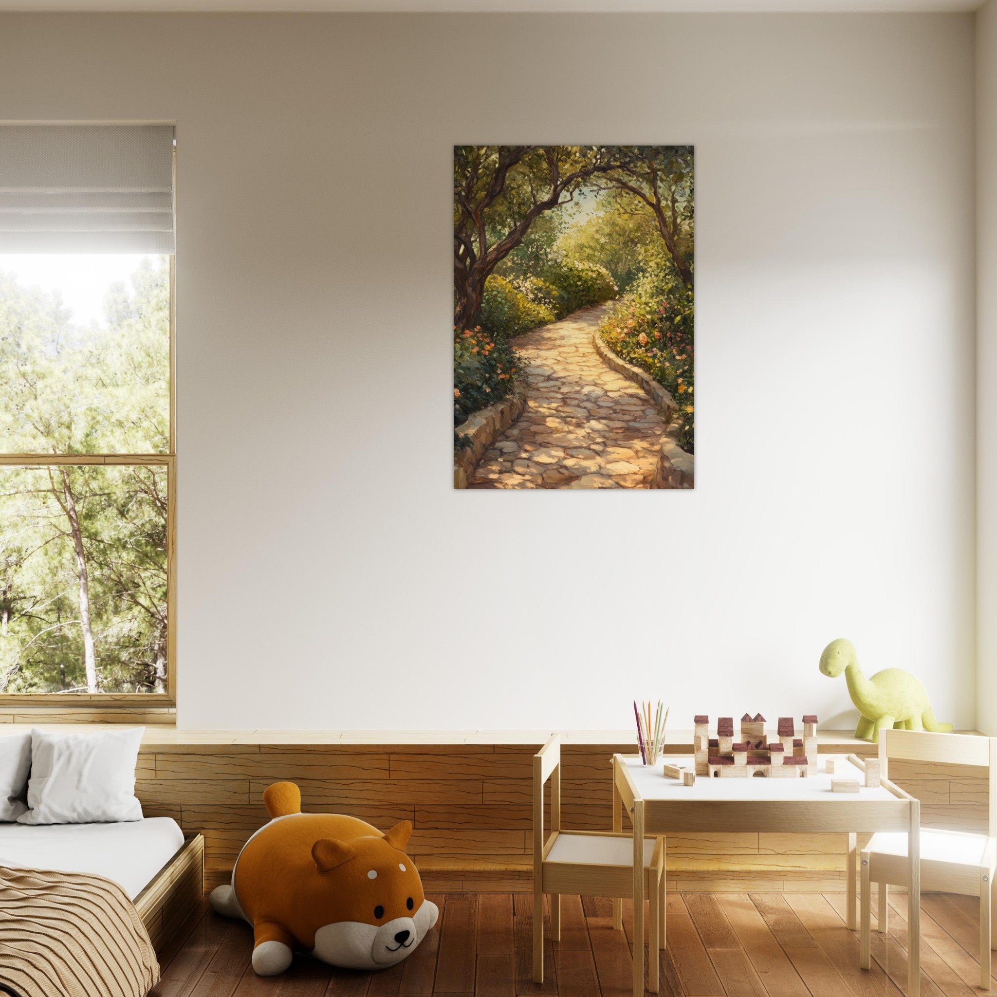 Aluminum Print Portrait - Sunlit Garden Path A meandering pathway through - Shop Ai Art WebShop - Digital Art online Store