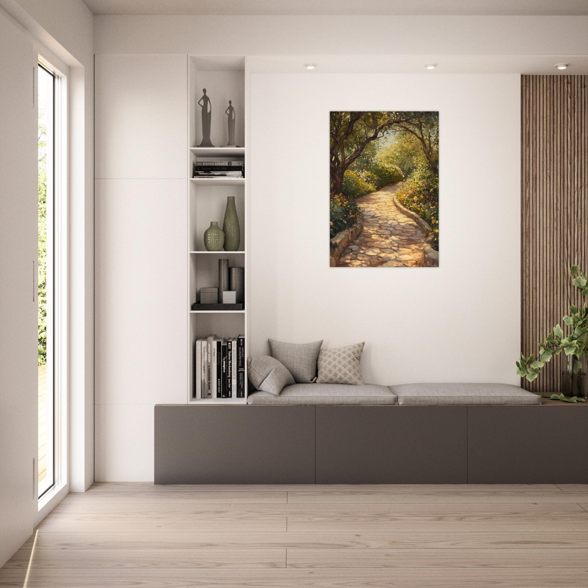 Aluminum Print Portrait - Sunlit Garden Path A meandering pathway through - Shop Ai Art WebShop - Digital Art online Store