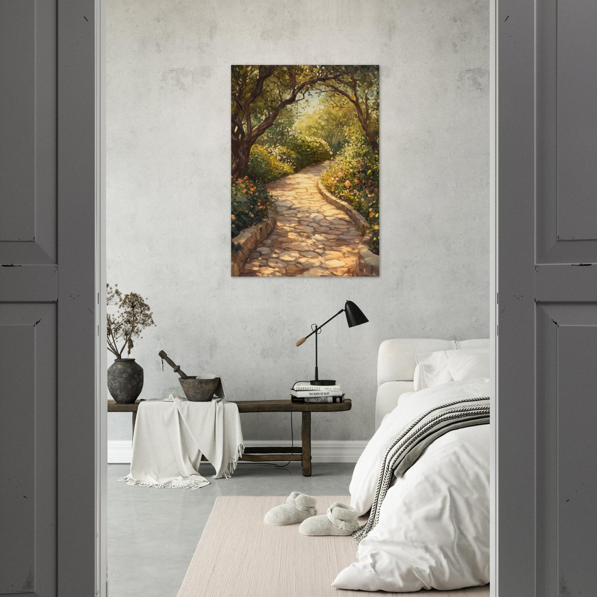Aluminum Print Portrait - Sunlit Garden Path A meandering pathway through - Shop Ai Art WebShop - Digital Art online Store
