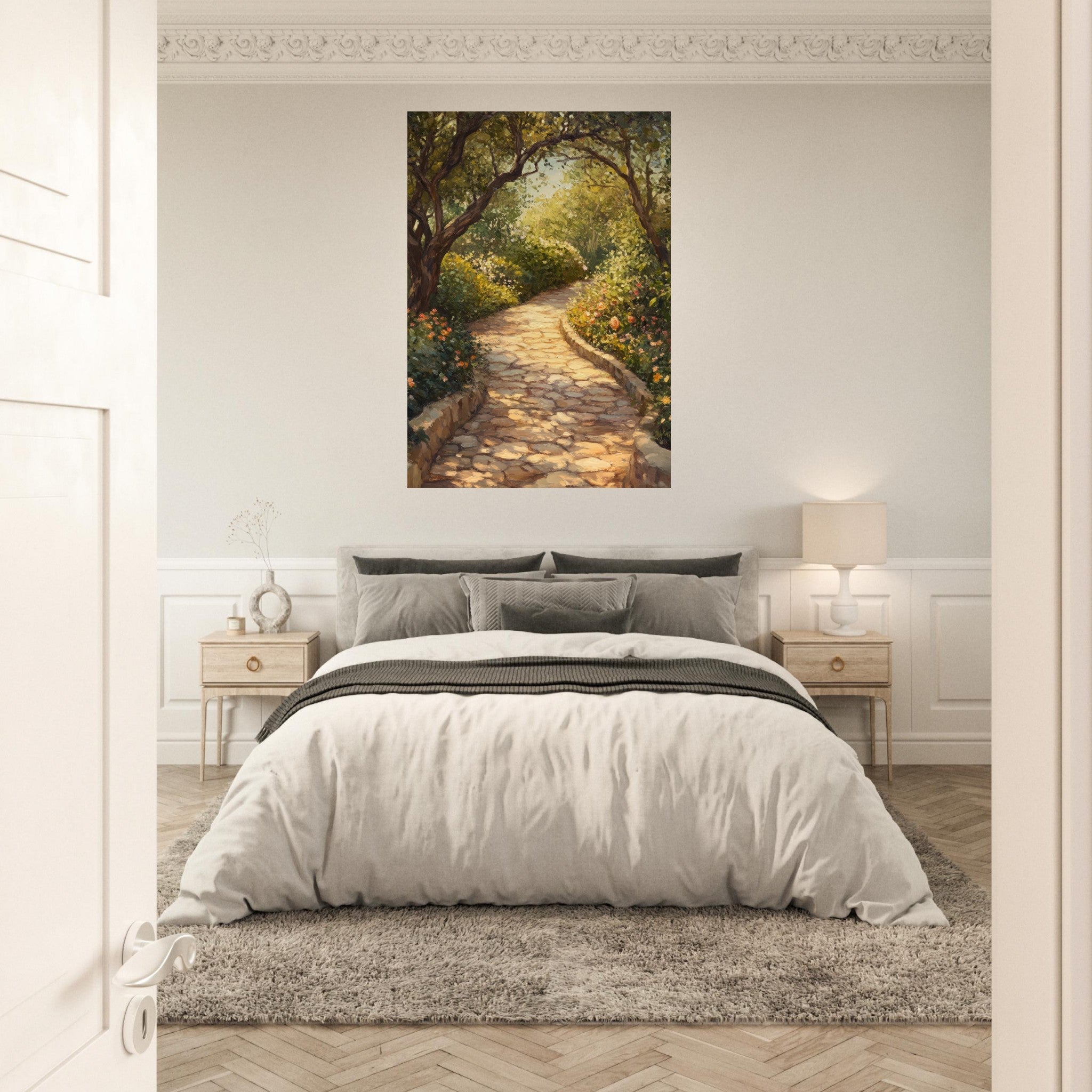Aluminum Print Portrait - Sunlit Garden Path A meandering pathway through - Shop Ai Art WebShop - Digital Art online Store