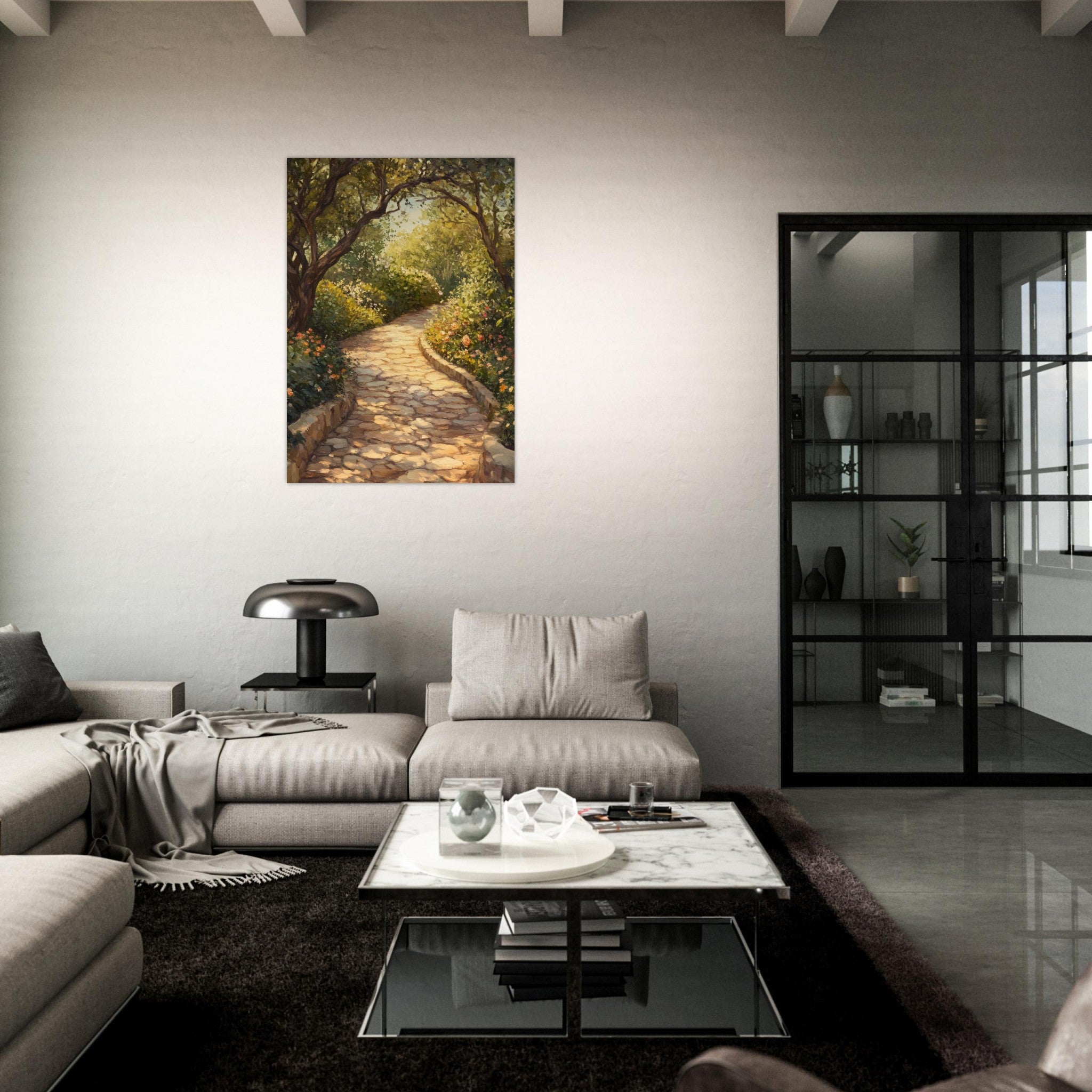 Aluminum Print Portrait - Sunlit Garden Path A meandering pathway through - Shop Ai Art WebShop - Digital Art online Store