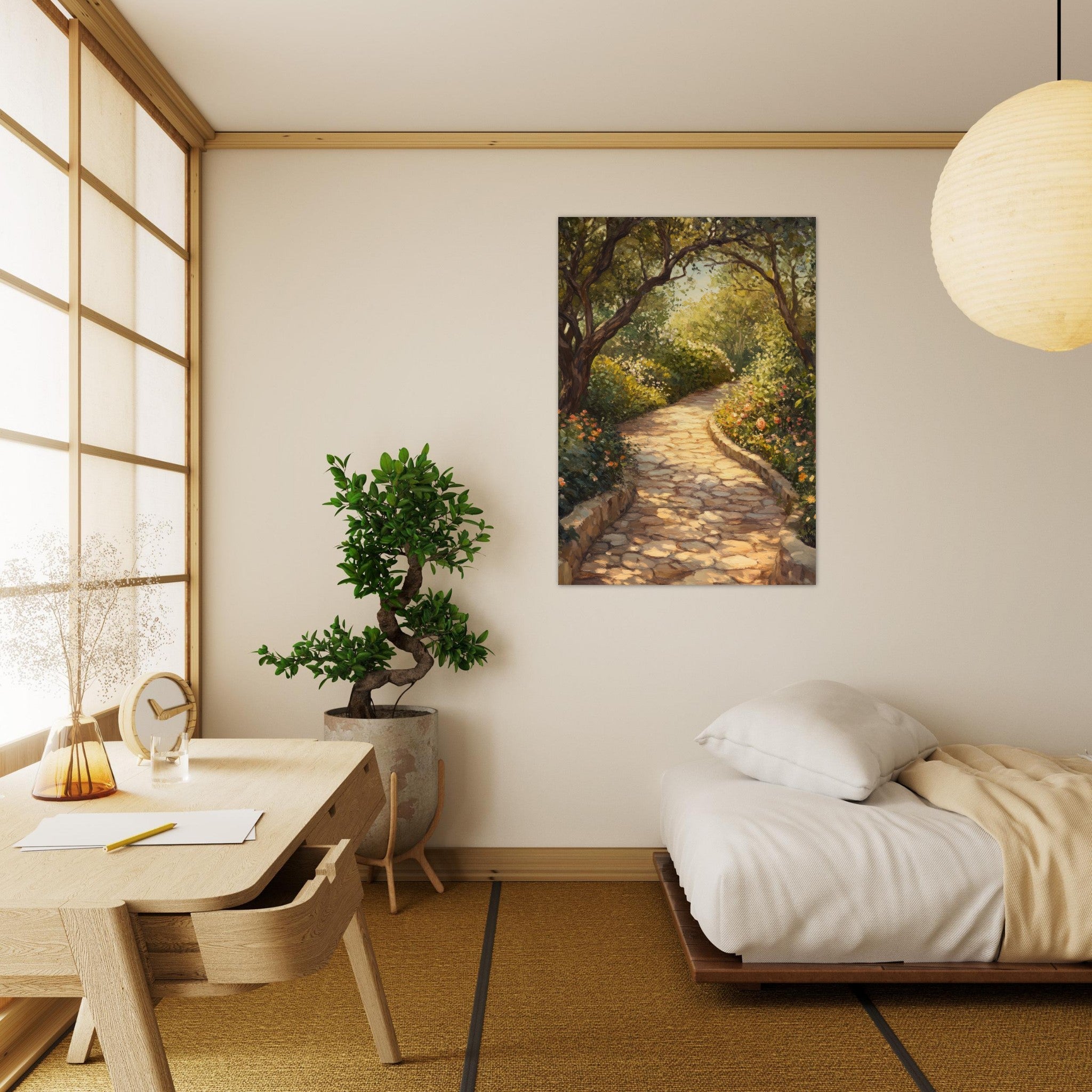 Aluminum Print Portrait - Sunlit Garden Path A meandering pathway through - Shop Ai Art WebShop - Digital Art online Store