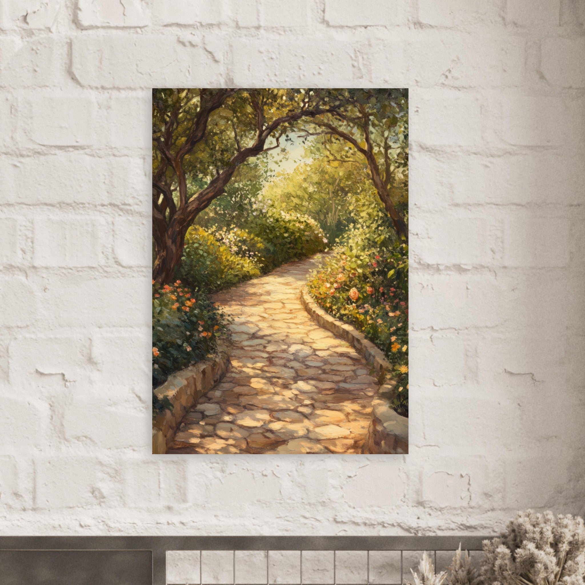 Aluminum Print Portrait - Sunlit Garden Path A meandering pathway through - Shop Ai Art WebShop - Digital Art online Store