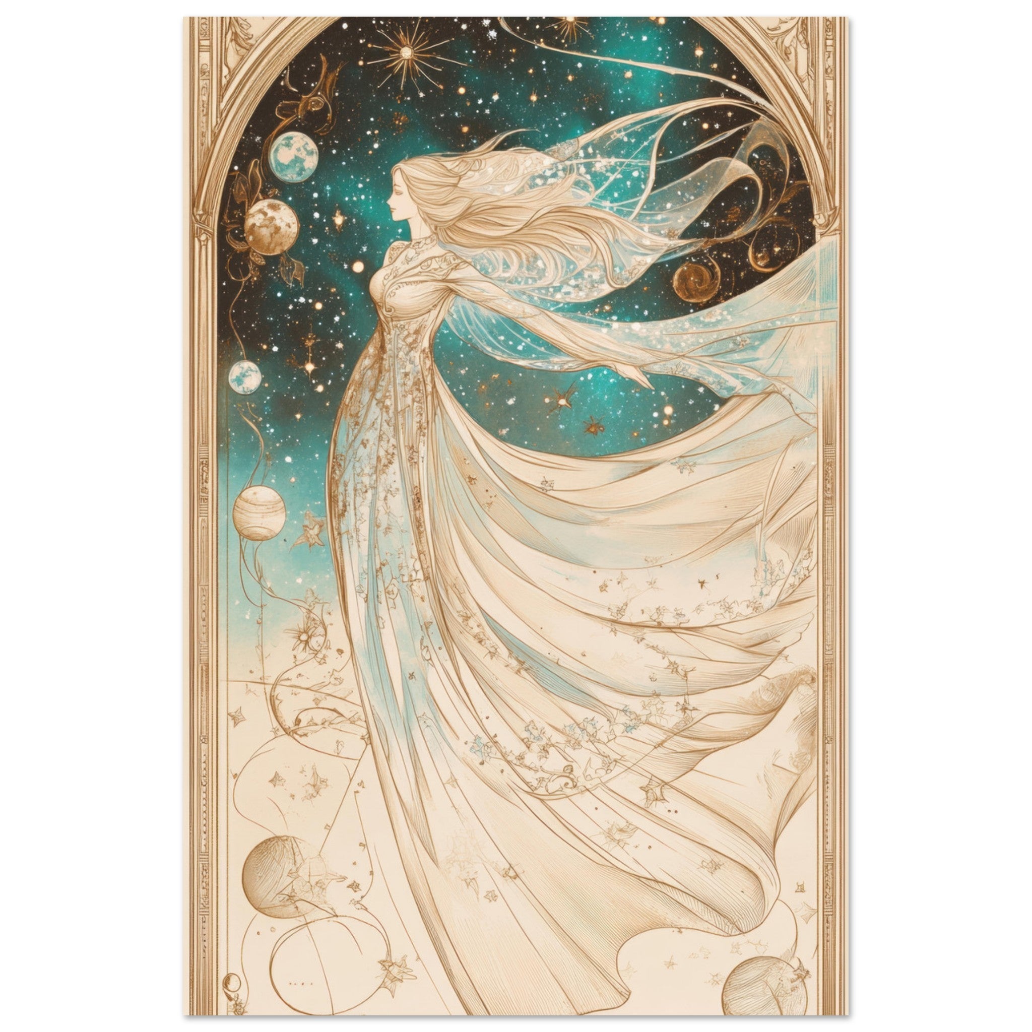 Aluminum Print Portrait - The Cosmic Muse A hand - drawn illustration 2 - Shop Ai Art WebShop - Digital Art online Store