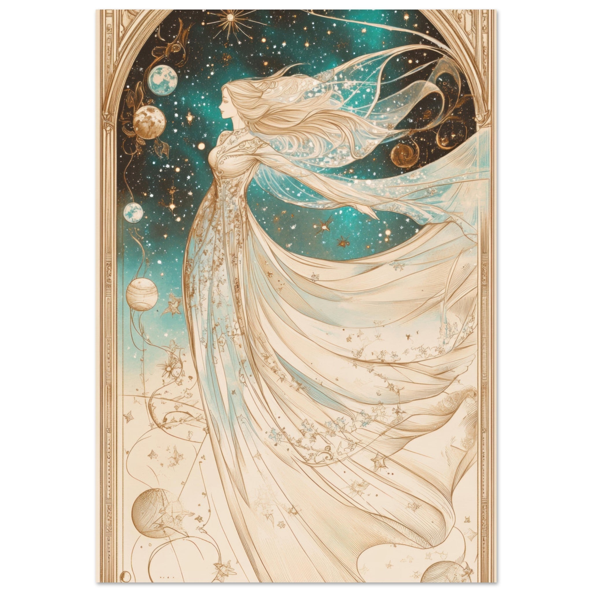 Aluminum Print Portrait - The Cosmic Muse A hand - drawn illustration 2 - Shop Ai Art WebShop - Digital Art online Store