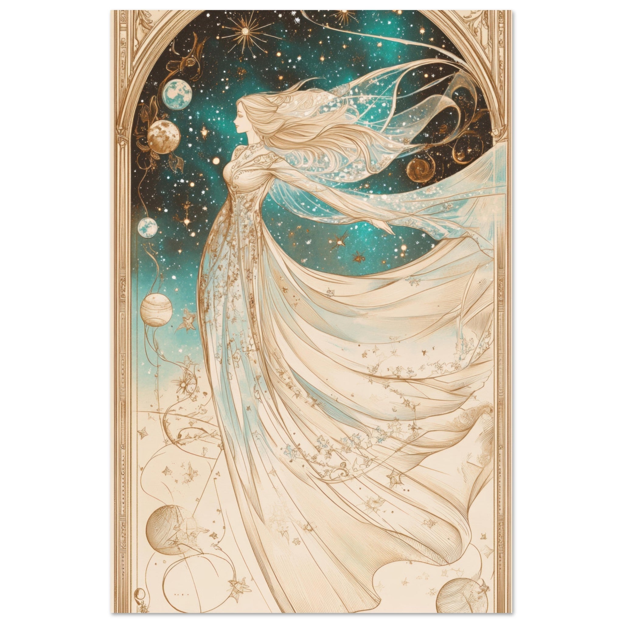Aluminum Print Portrait - The Cosmic Muse A hand - drawn illustration 2 - Shop Ai Art WebShop - Digital Art online Store