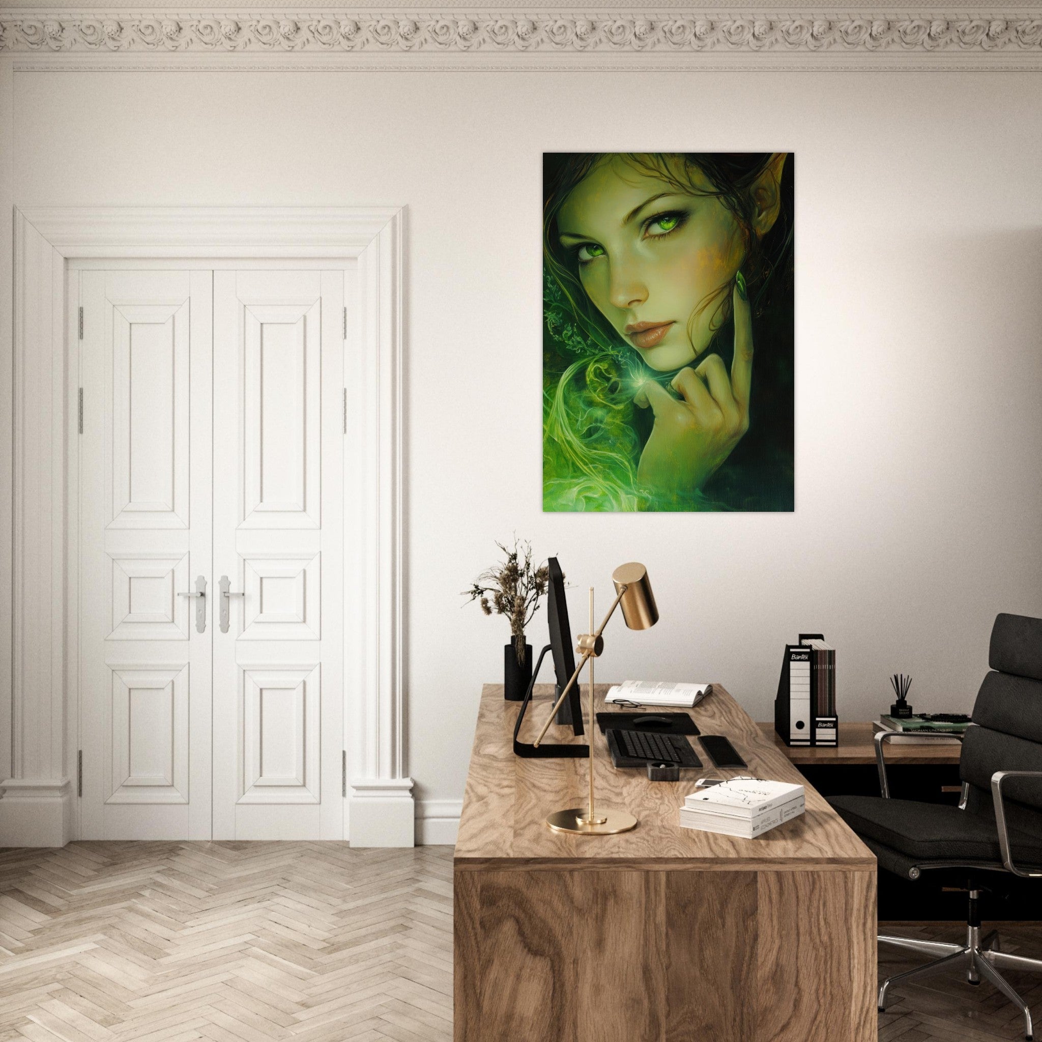 Aluminum Print Portrait - The Fae Sorceress of the Emerald Woods Oil Faint - Shop Ai Art WebShop - Digital Art online Store