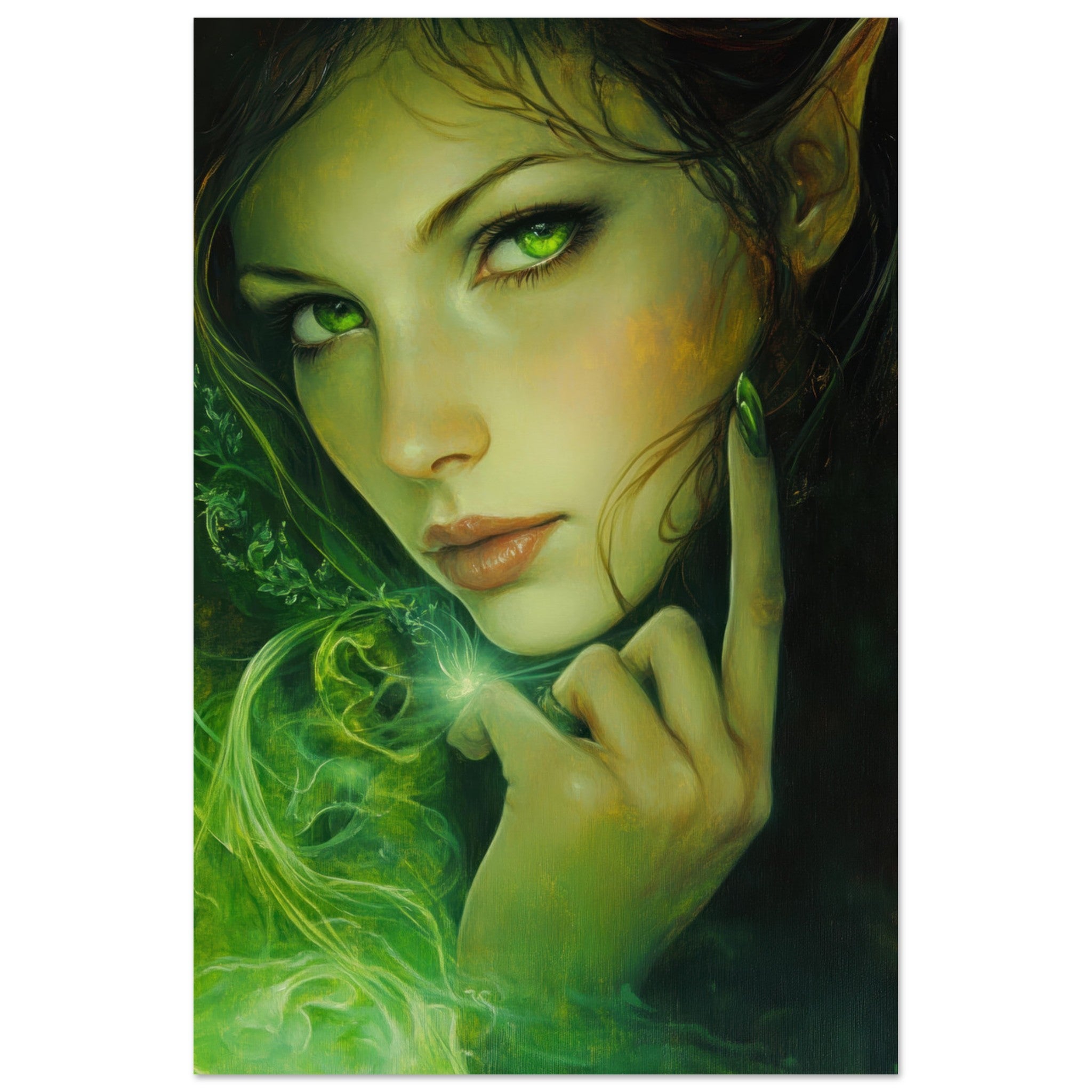 Aluminum Print Portrait - The Fae Sorceress of the Emerald Woods Oil Faint - Shop Ai Art WebShop - Digital Art online Store