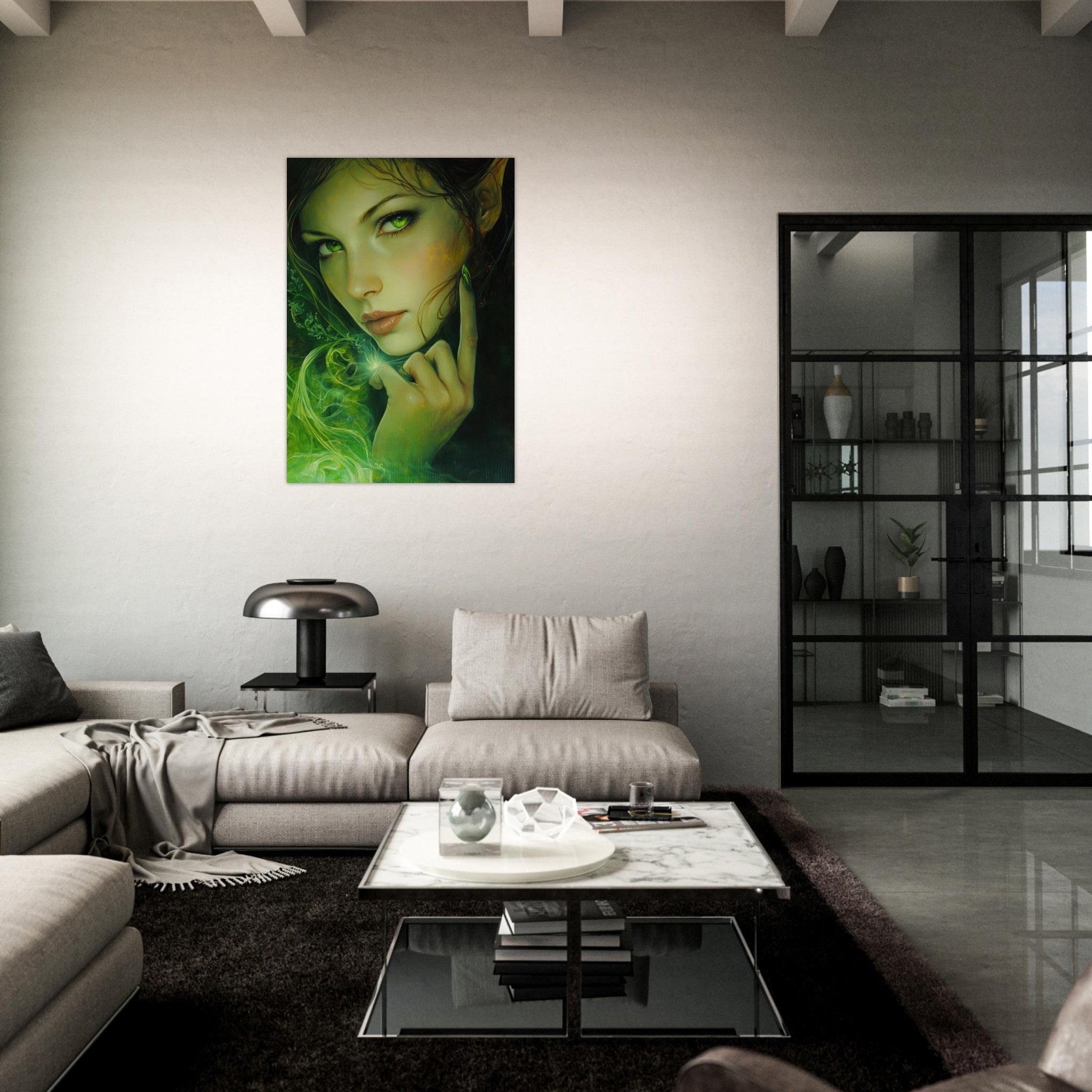 Aluminum Print Portrait - The Fae Sorceress of the Emerald Woods Oil Faint - Shop Ai Art WebShop - Digital Art online Store