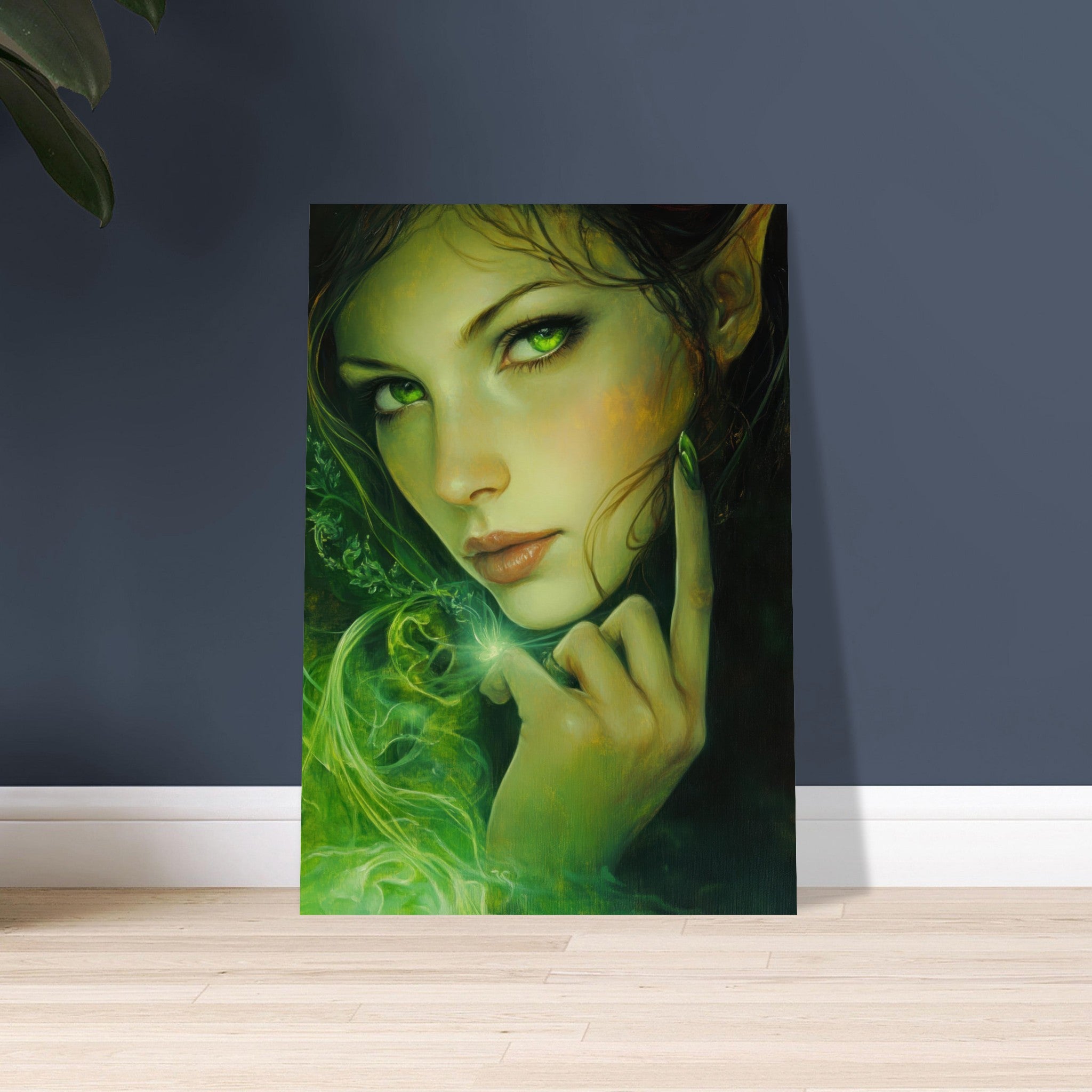 Aluminum Print Portrait - The Fae Sorceress of the Emerald Woods Oil Faint - Shop Ai Art WebShop - Digital Art online Store