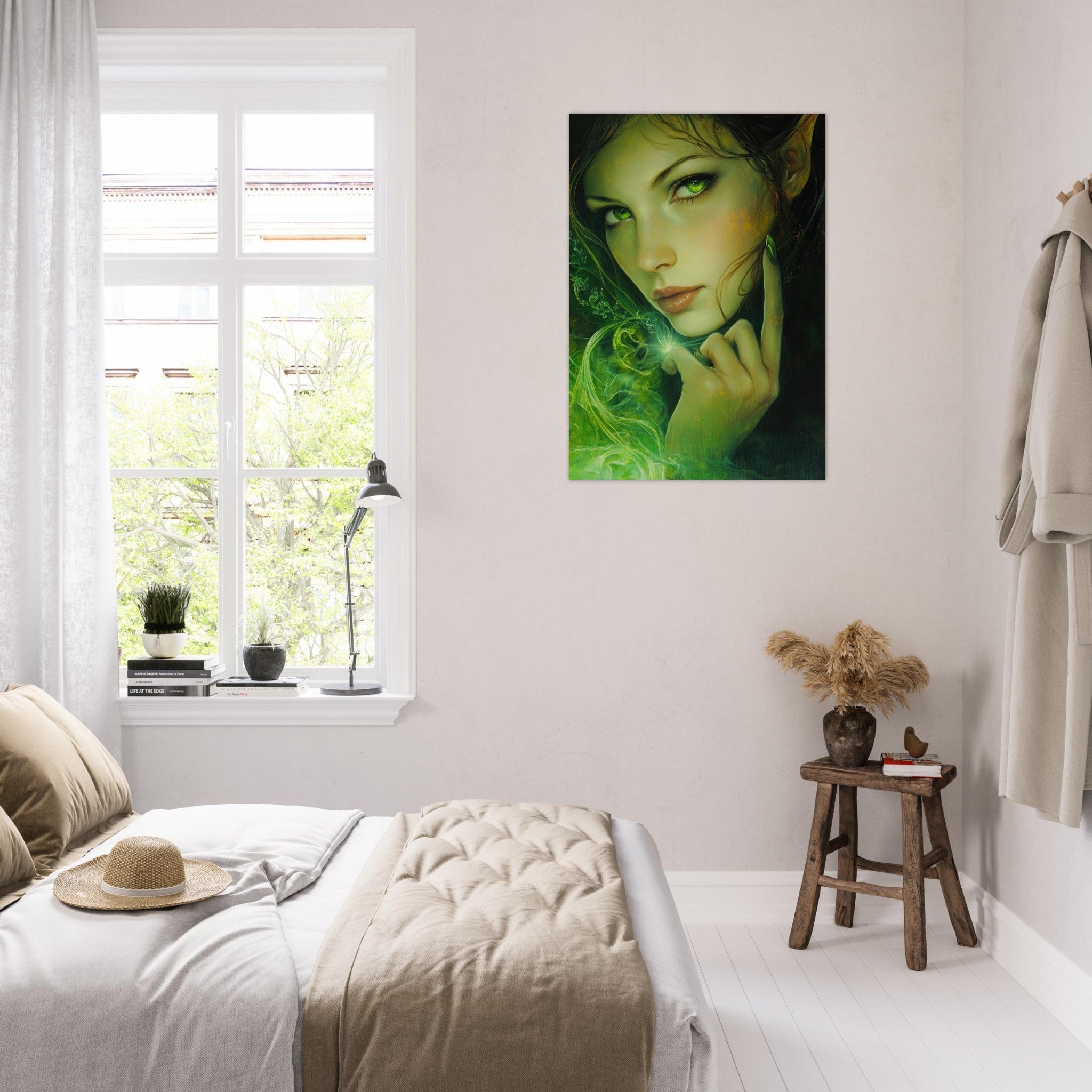 Aluminum Print Portrait - The Fae Sorceress of the Emerald Woods Oil Faint - Shop Ai Art WebShop - Digital Art online Store