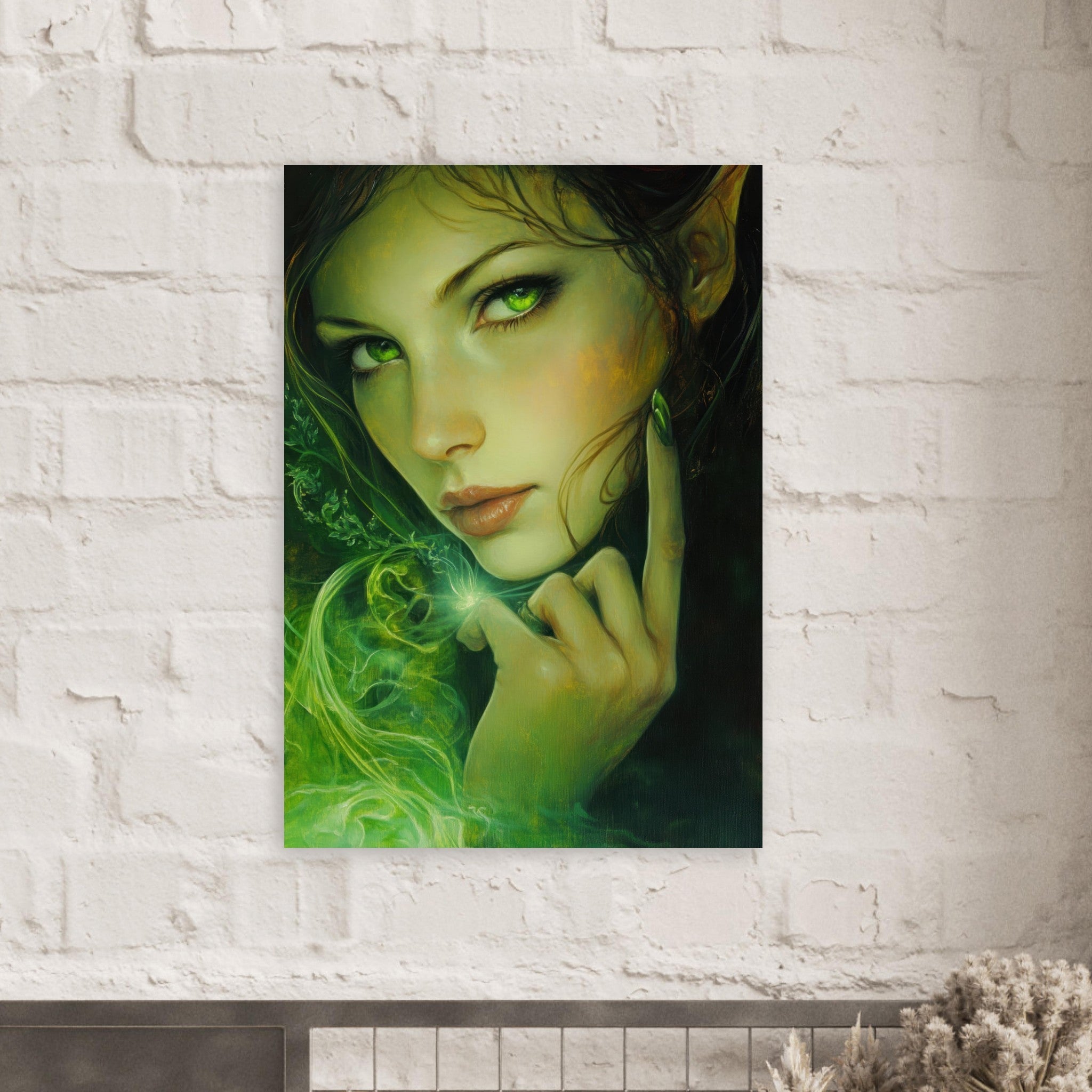 Aluminum Print Portrait - The Fae Sorceress of the Emerald Woods Oil Faint - Shop Ai Art WebShop - Digital Art online Store