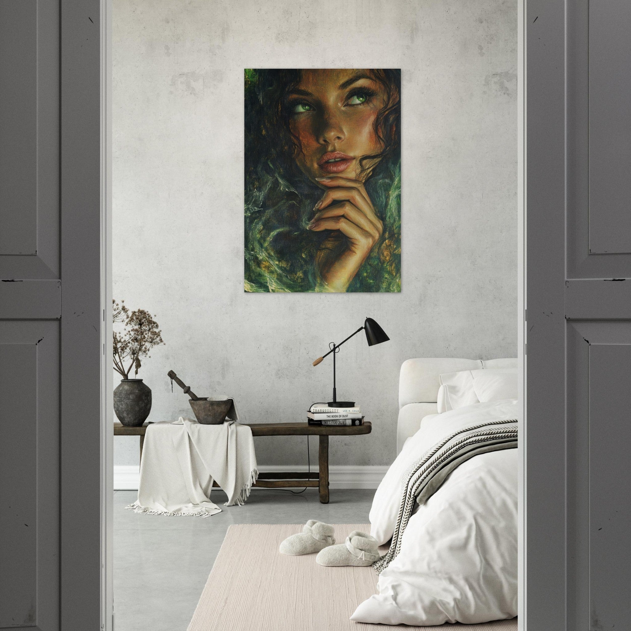 Aluminum Print Portrait - The Fae Sorceress of the Emerald Woods Oil Faint 3 - Shop Ai Art WebShop - Digital Art online Store