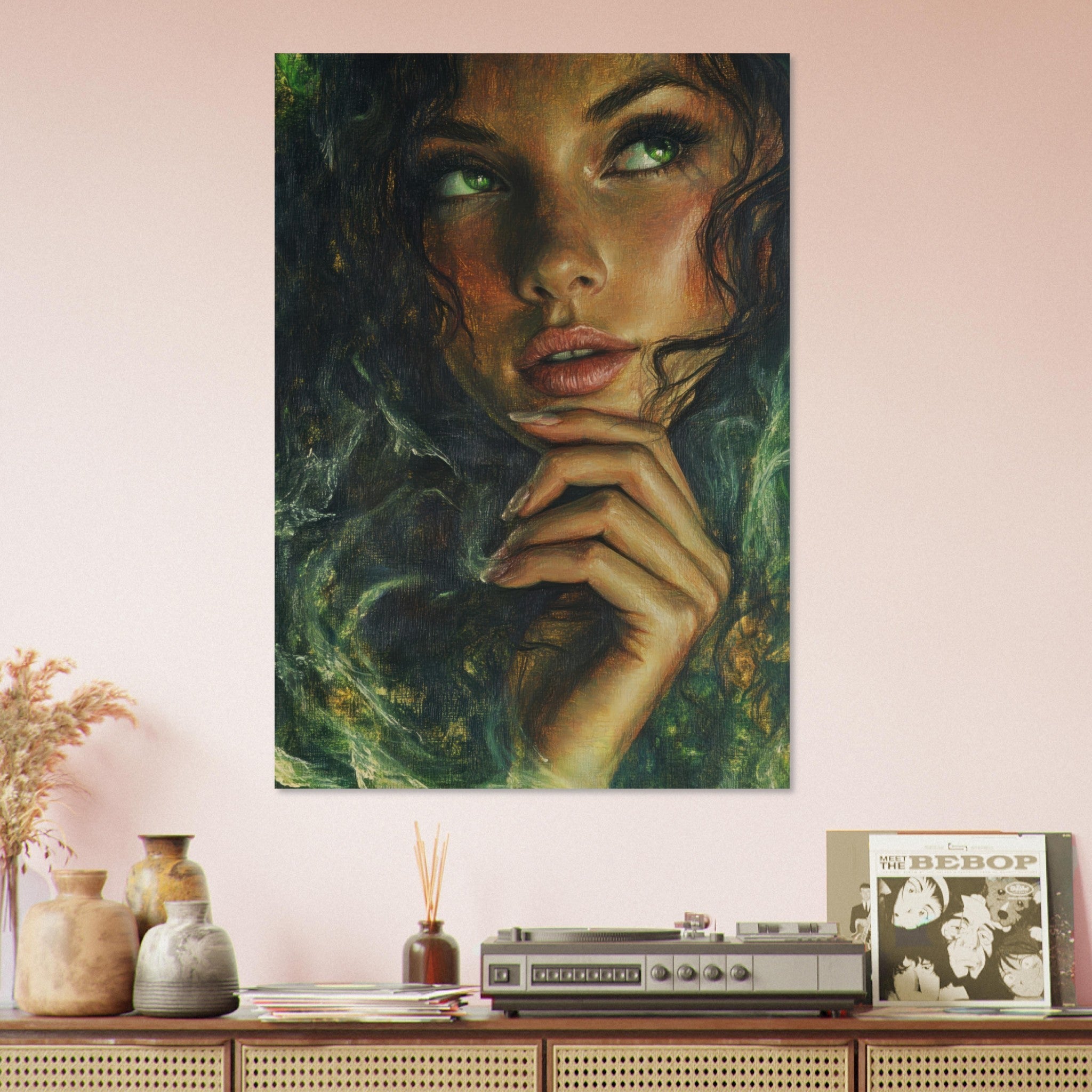 Aluminum Print Portrait - The Fae Sorceress of the Emerald Woods Oil Faint 3 - Shop Ai Art WebShop - Digital Art online Store
