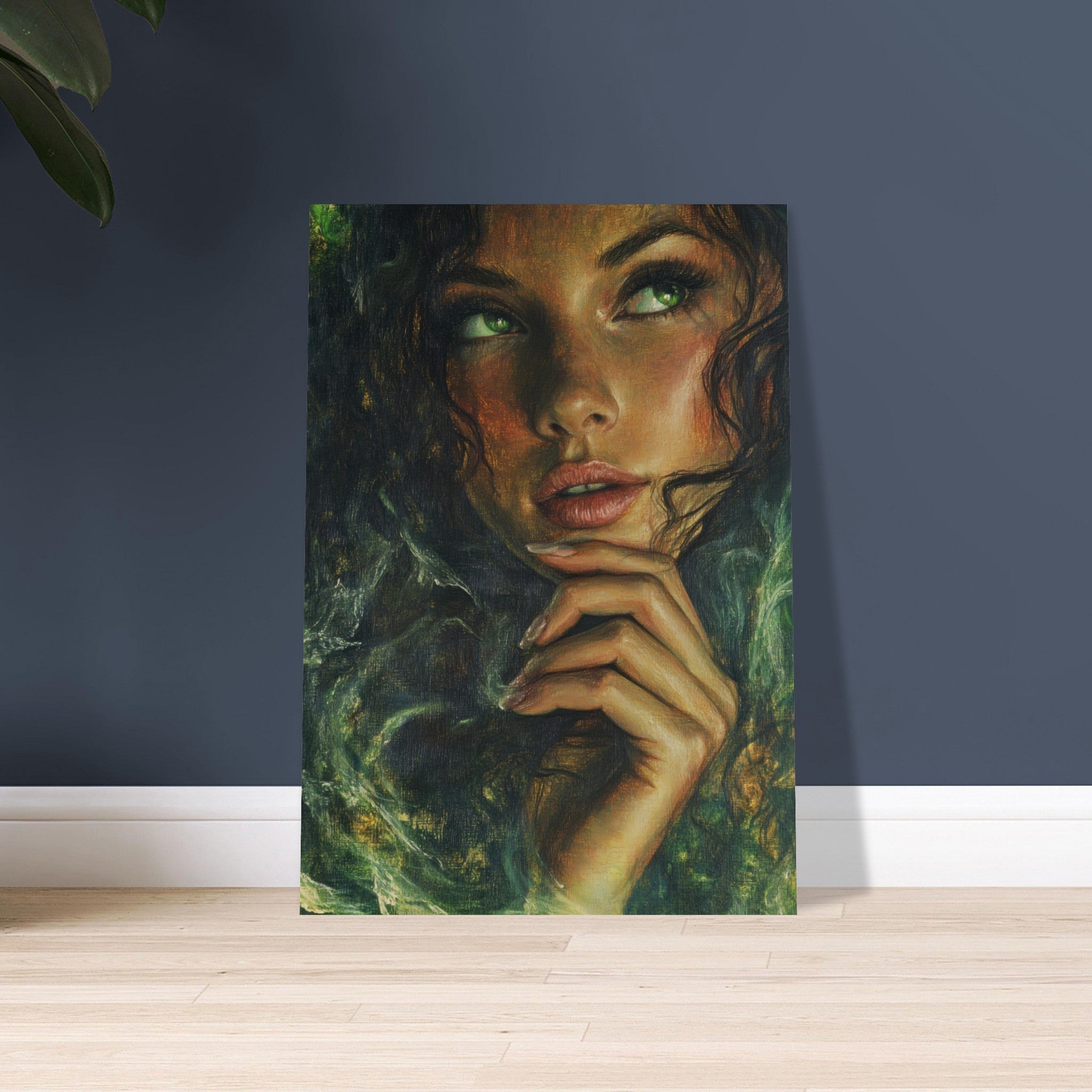 Aluminum Print Portrait - The Fae Sorceress of the Emerald Woods Oil Faint 3 - Shop Ai Art WebShop - Digital Art online Store