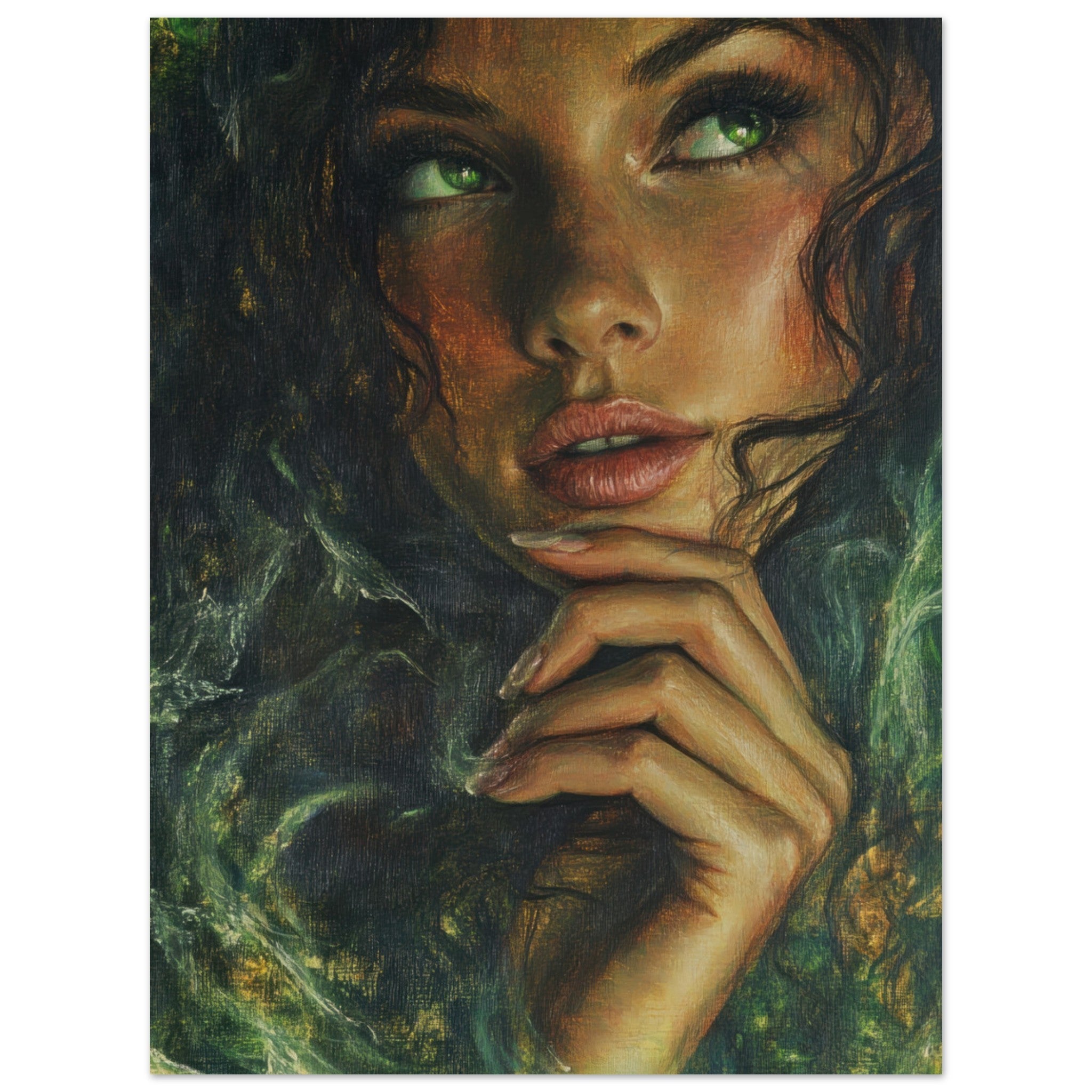 Aluminum Print Portrait - The Fae Sorceress of the Emerald Woods Oil Faint 3 - Shop Ai Art WebShop - Digital Art online Store