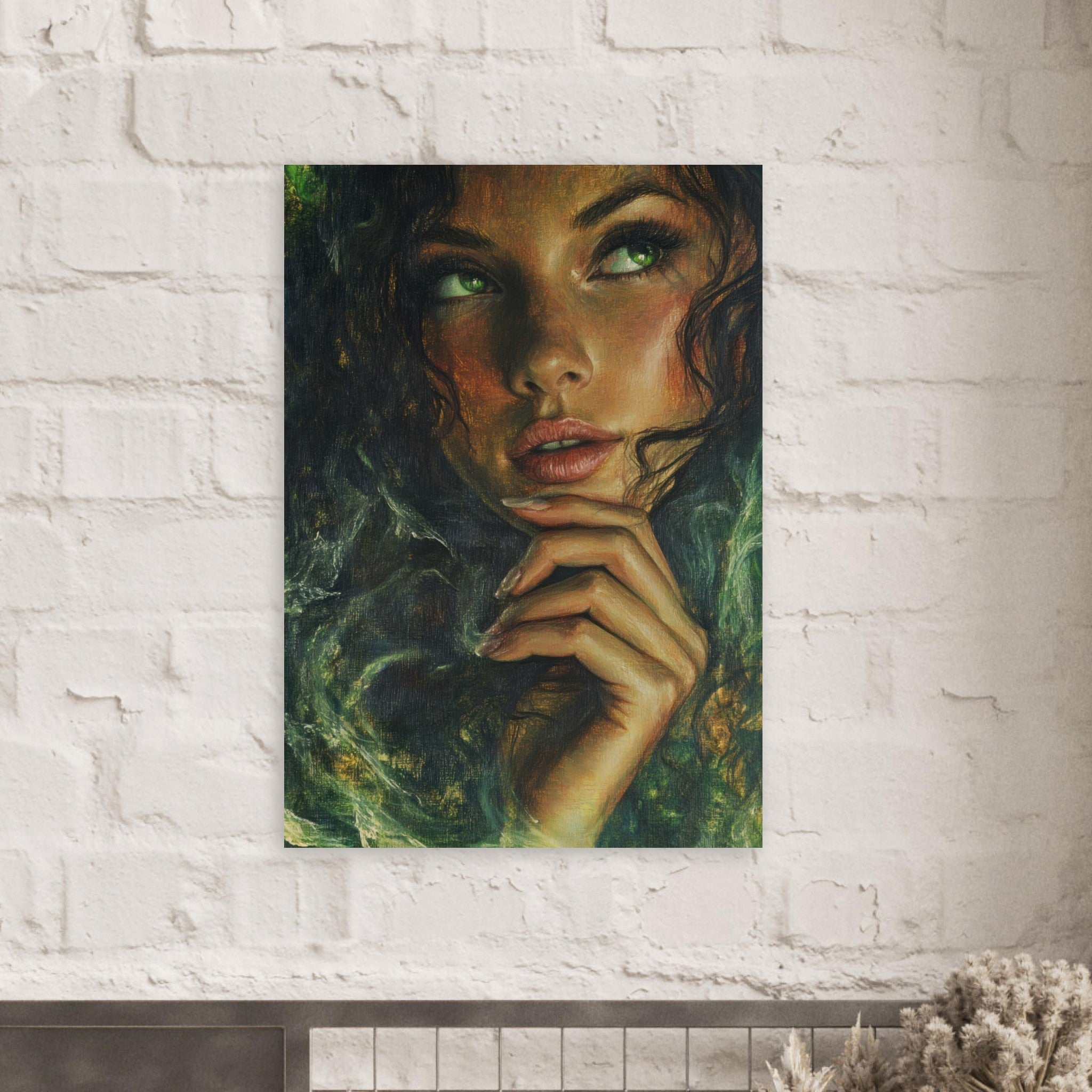 Aluminum Print Portrait - The Fae Sorceress of the Emerald Woods Oil Faint 3 - Shop Ai Art WebShop - Digital Art online Store