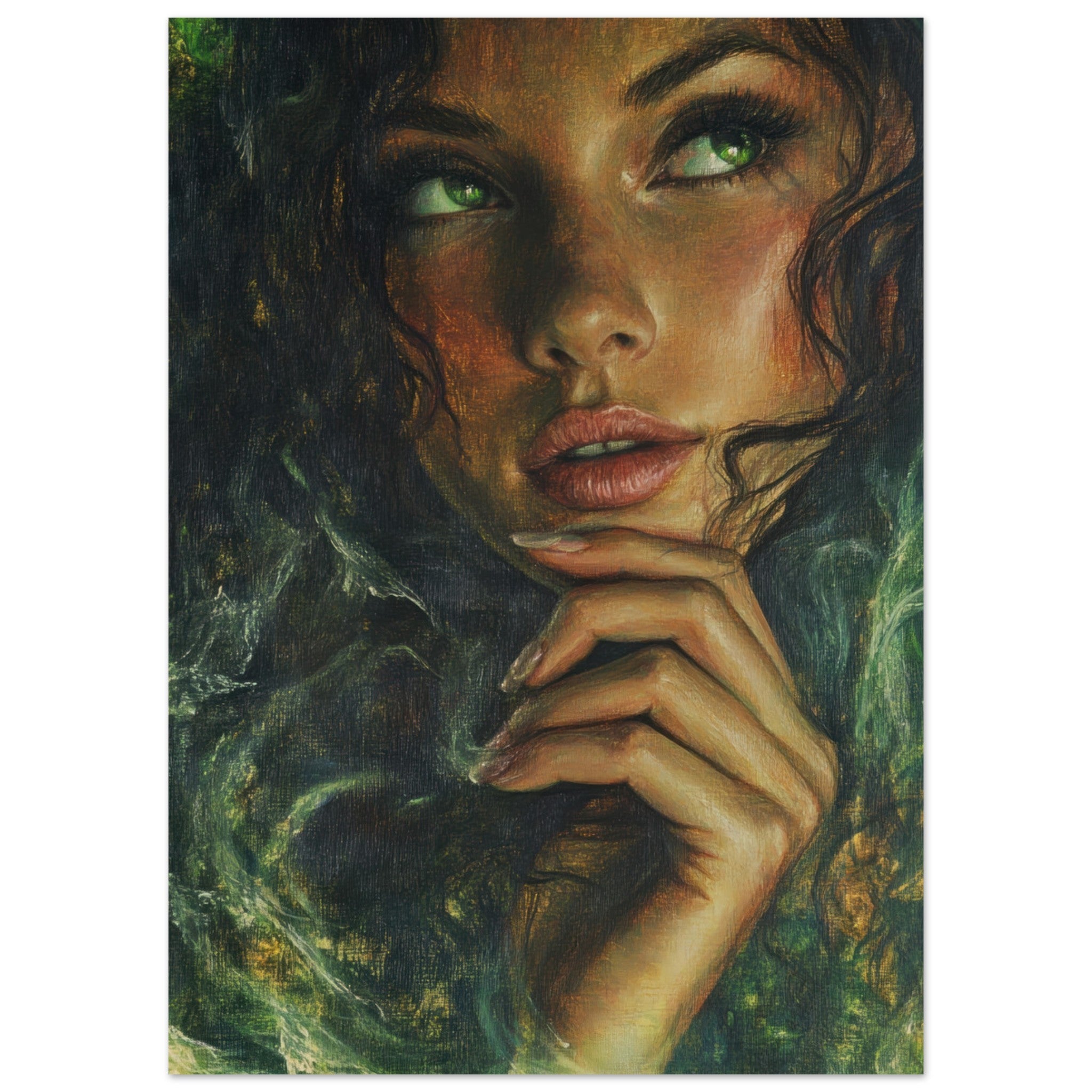 Aluminum Print Portrait - The Fae Sorceress of the Emerald Woods Oil Faint 3 - Shop Ai Art WebShop - Digital Art online Store