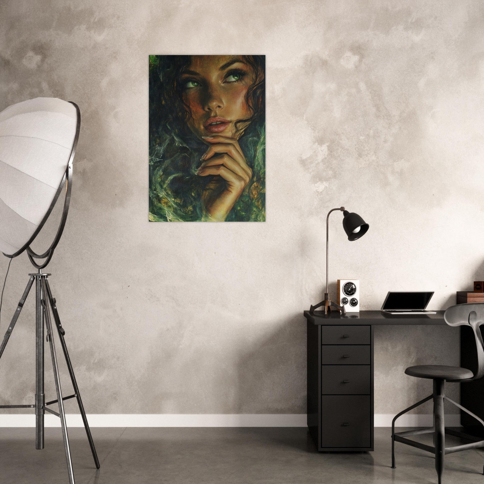 Aluminum Print Portrait - The Fae Sorceress of the Emerald Woods Oil Faint 3 - Shop Ai Art WebShop - Digital Art online Store