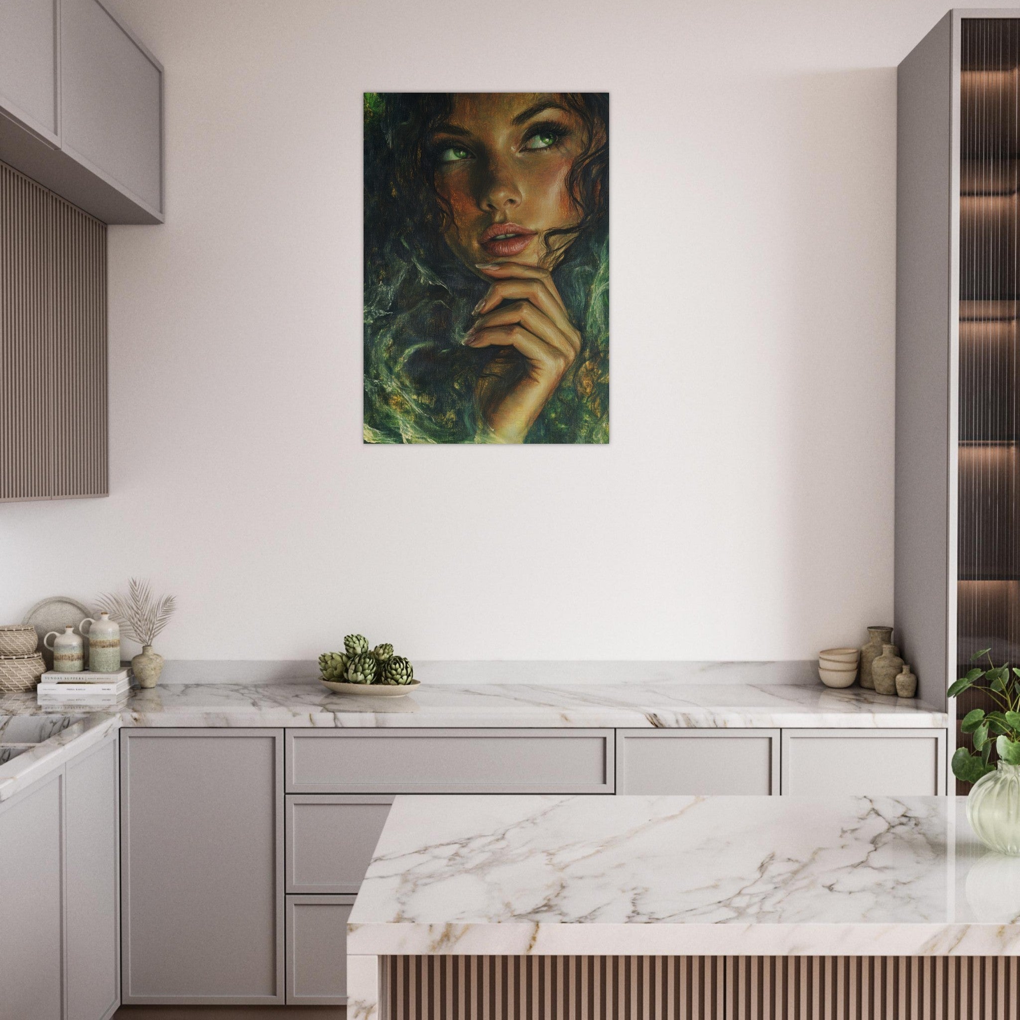 Aluminum Print Portrait - The Fae Sorceress of the Emerald Woods Oil Faint 3 - Shop Ai Art WebShop - Digital Art online Store