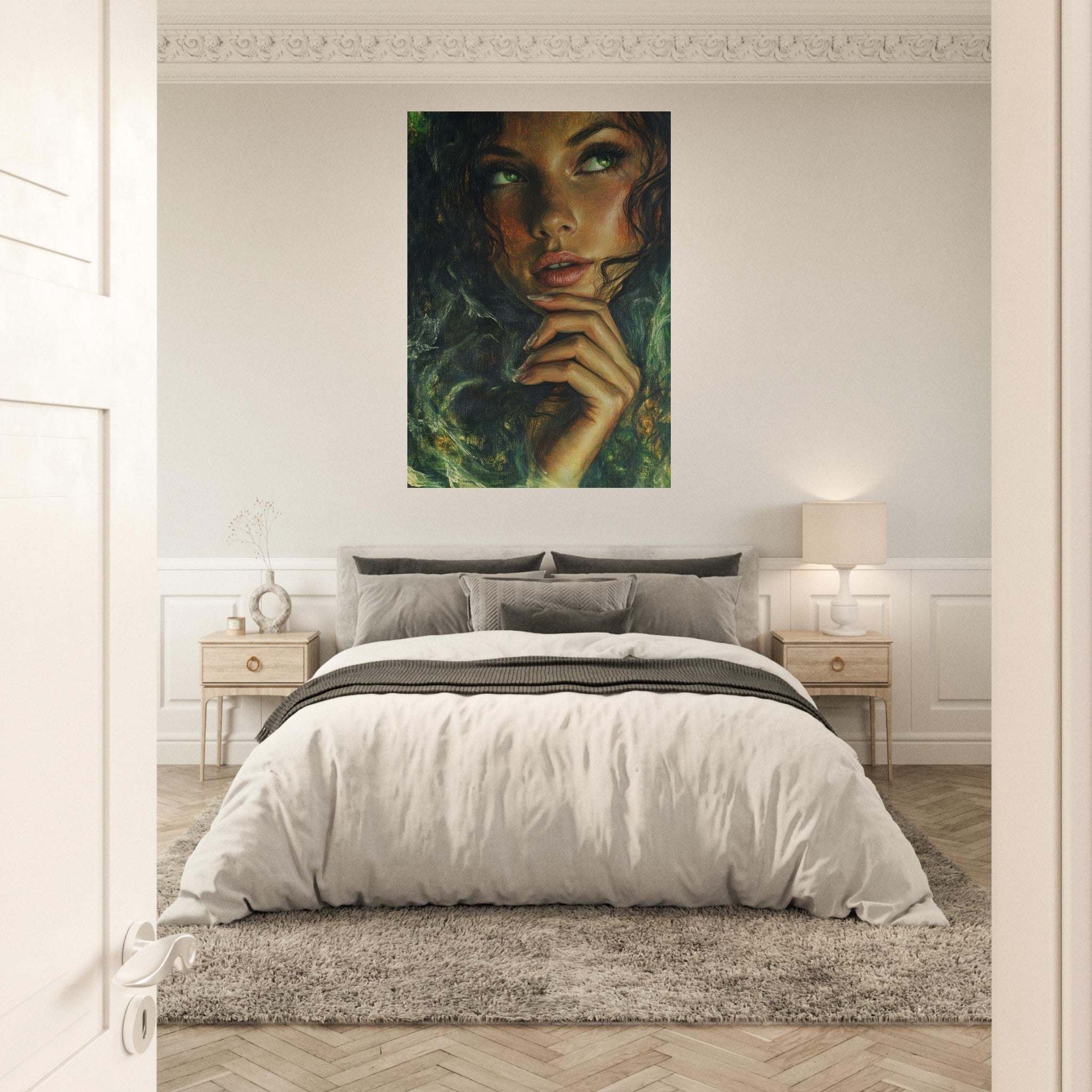 Aluminum Print Portrait - The Fae Sorceress of the Emerald Woods Oil Faint 3 - Shop Ai Art WebShop - Digital Art online Store