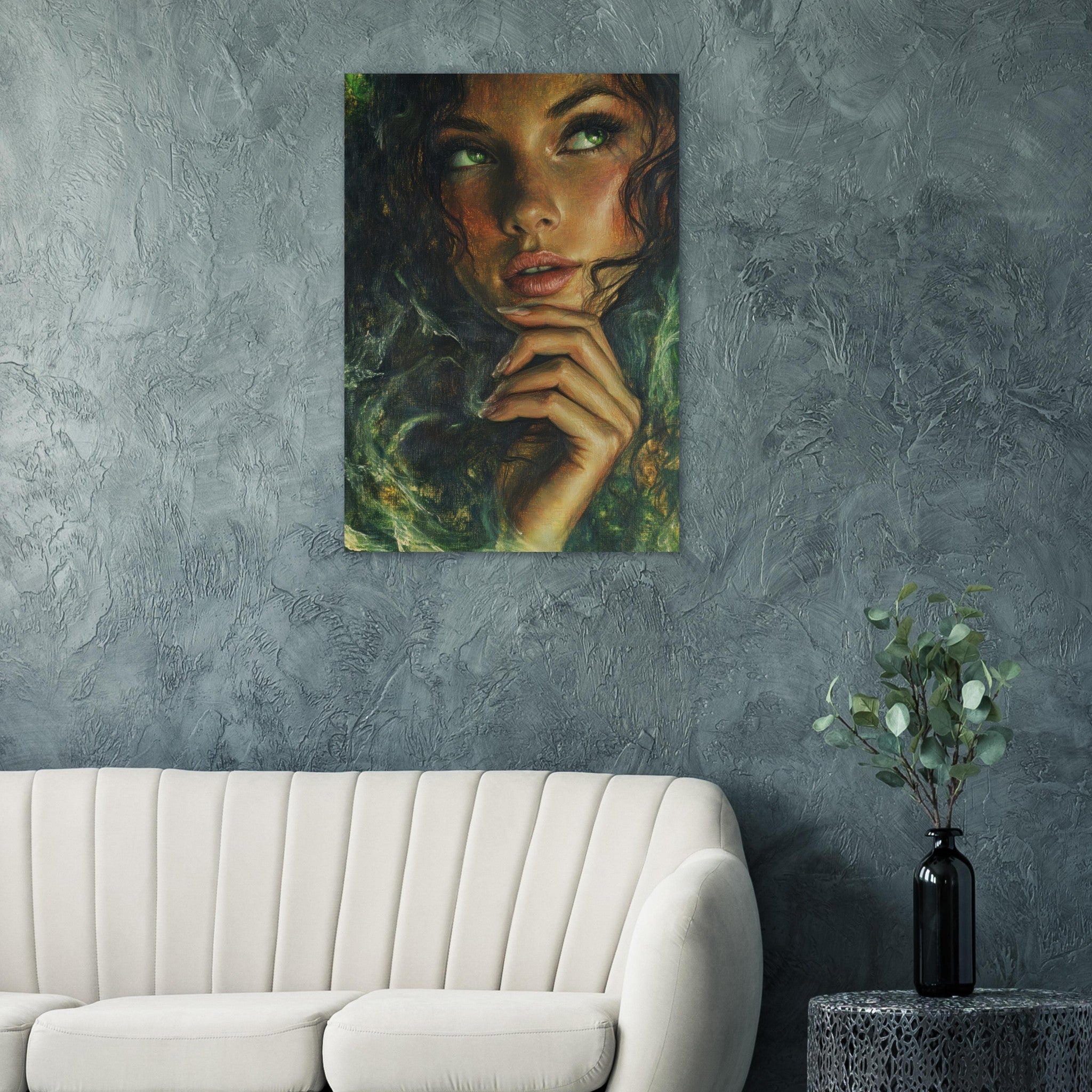Aluminum Print Portrait - The Fae Sorceress of the Emerald Woods Oil Faint 3 - Shop Ai Art WebShop - Digital Art online Store