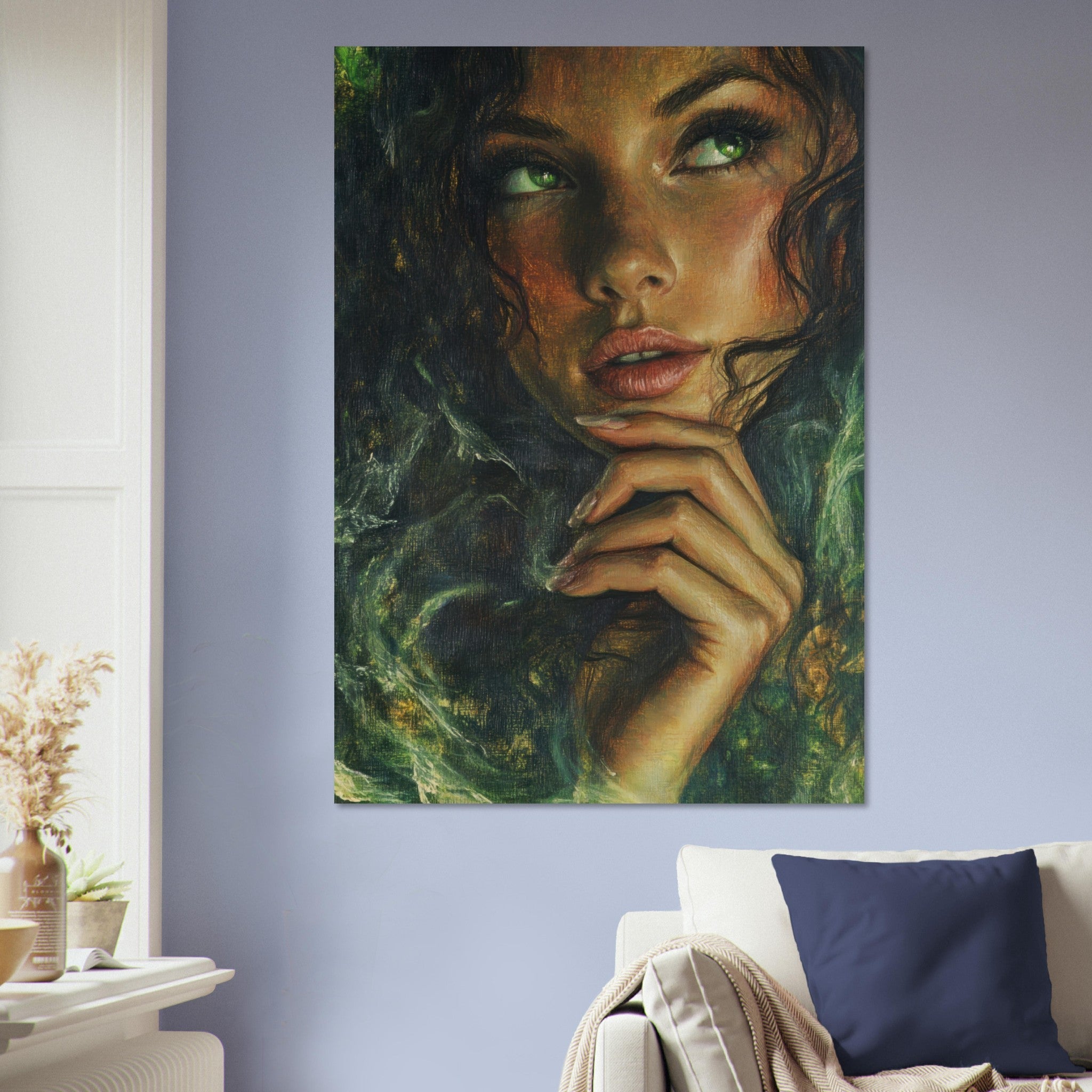 Aluminum Print Portrait - The Fae Sorceress of the Emerald Woods Oil Faint 3 - Shop Ai Art WebShop - Digital Art online Store