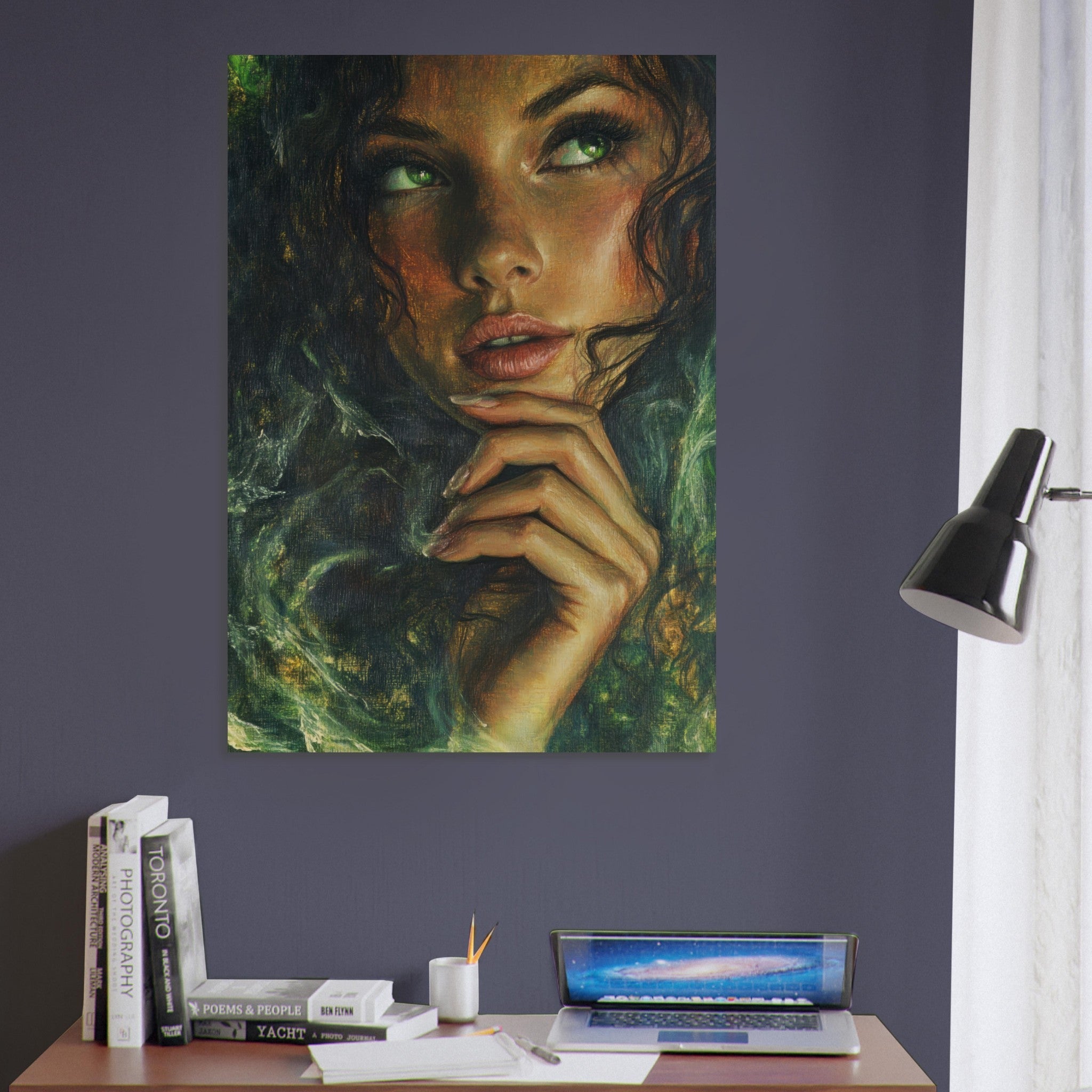 Aluminum Print Portrait - The Fae Sorceress of the Emerald Woods Oil Faint 3 - Shop Ai Art WebShop - Digital Art online Store