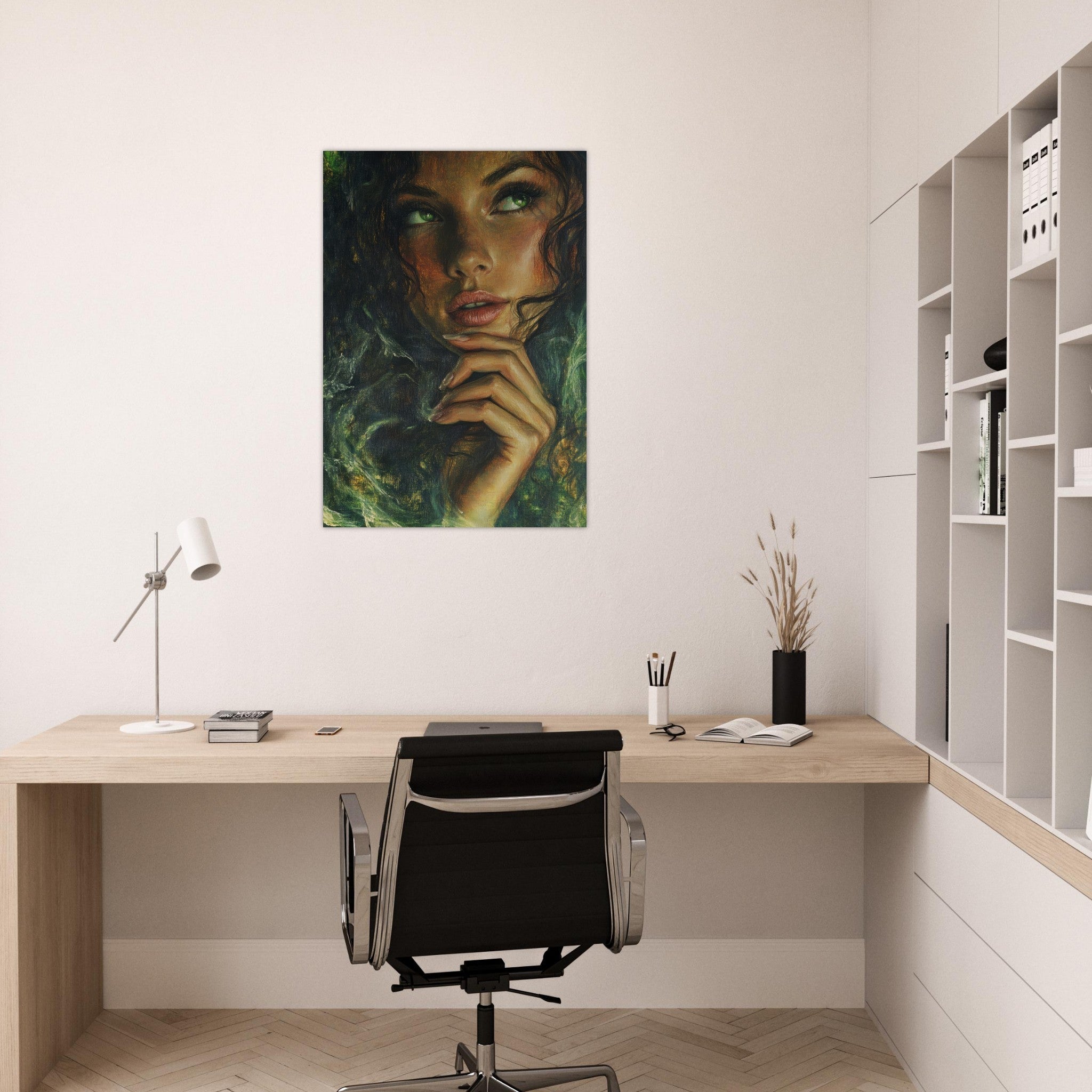 Aluminum Print Portrait - The Fae Sorceress of the Emerald Woods Oil Faint 3 - Shop Ai Art WebShop - Digital Art online Store