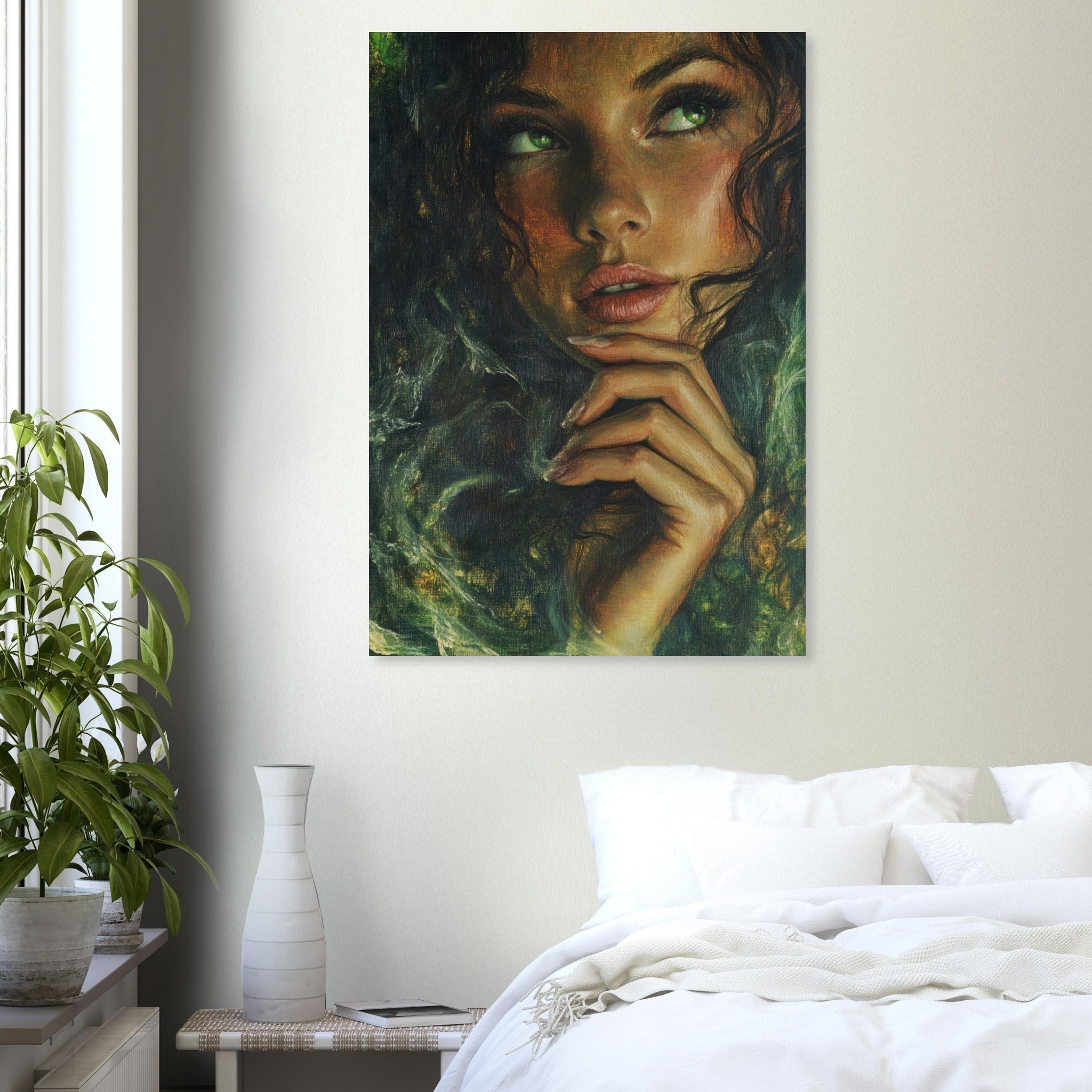 Aluminum Print Portrait - The Fae Sorceress of the Emerald Woods Oil Faint 3 - Shop Ai Art WebShop - Digital Art online Store