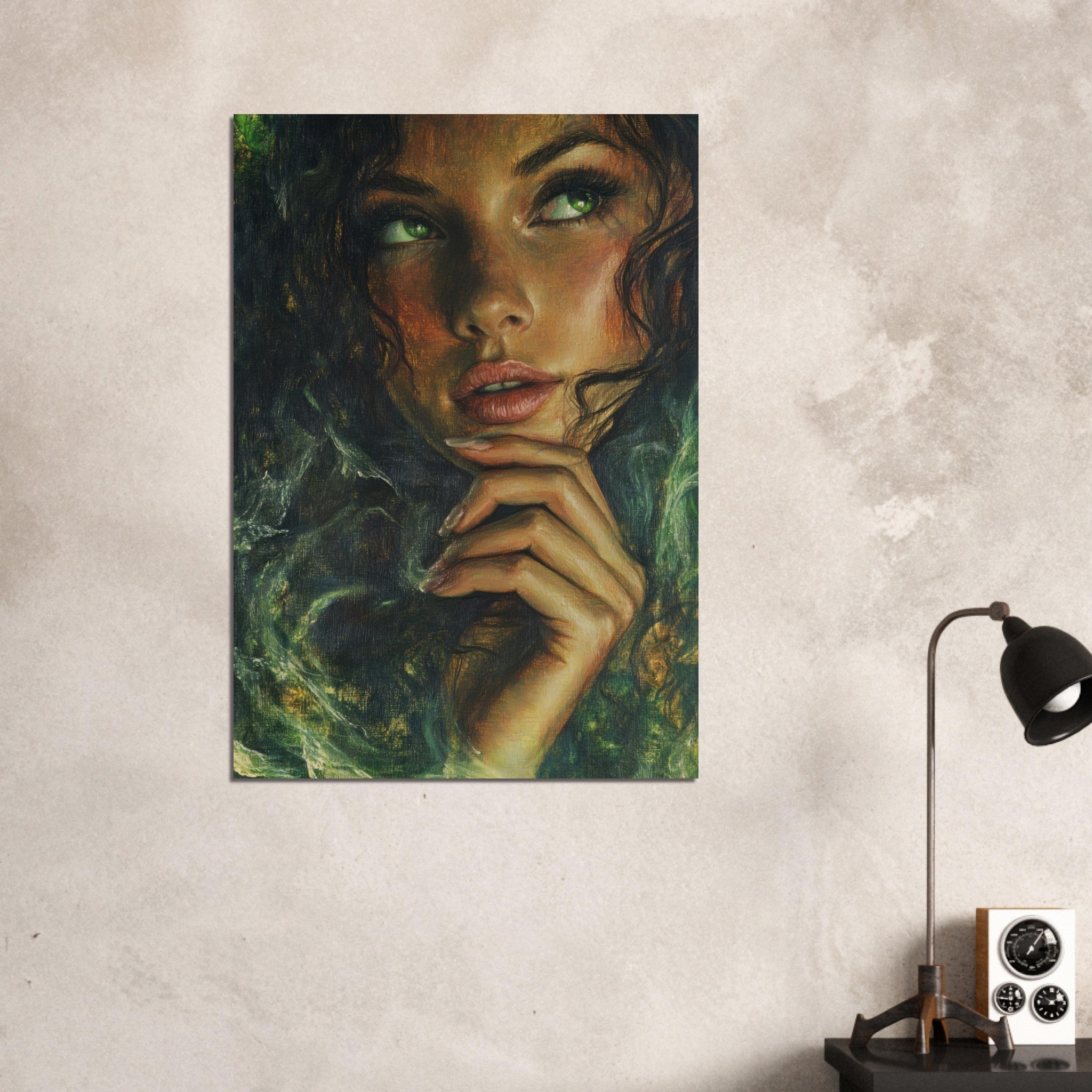 Aluminum Print Portrait - The Fae Sorceress of the Emerald Woods Oil Faint 3 - Shop Ai Art WebShop - Digital Art online Store