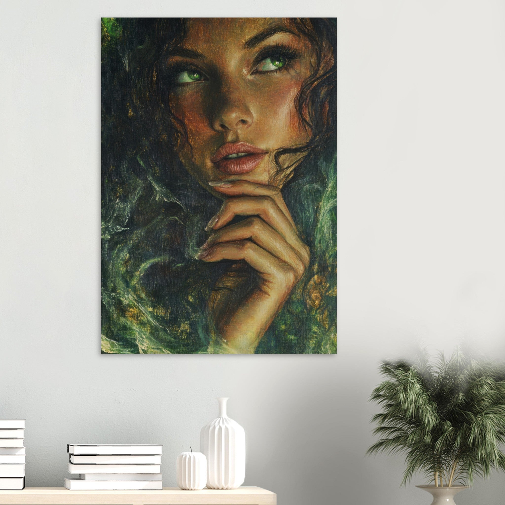 Aluminum Print Portrait - The Fae Sorceress of the Emerald Woods Oil Faint 3 - Shop Ai Art WebShop - Digital Art online Store