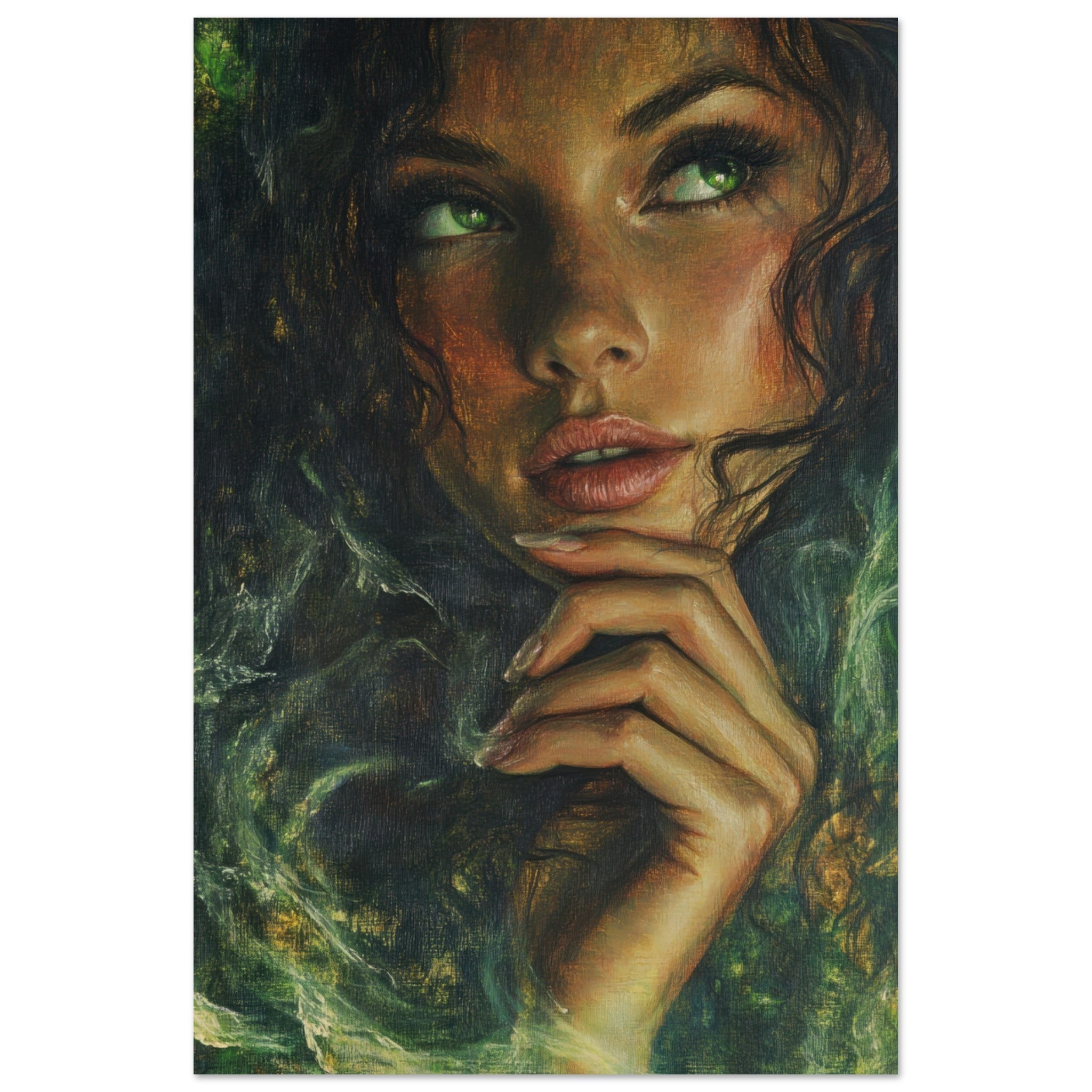 Aluminum Print Portrait - The Fae Sorceress of the Emerald Woods Oil Faint 3 - Shop Ai Art WebShop - Digital Art online Store