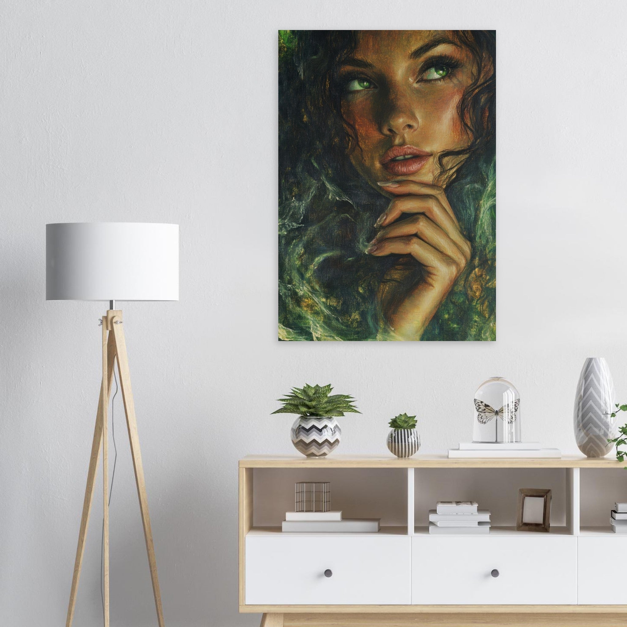 Aluminum Print Portrait - The Fae Sorceress of the Emerald Woods Oil Faint 3 - Shop Ai Art WebShop - Digital Art online Store