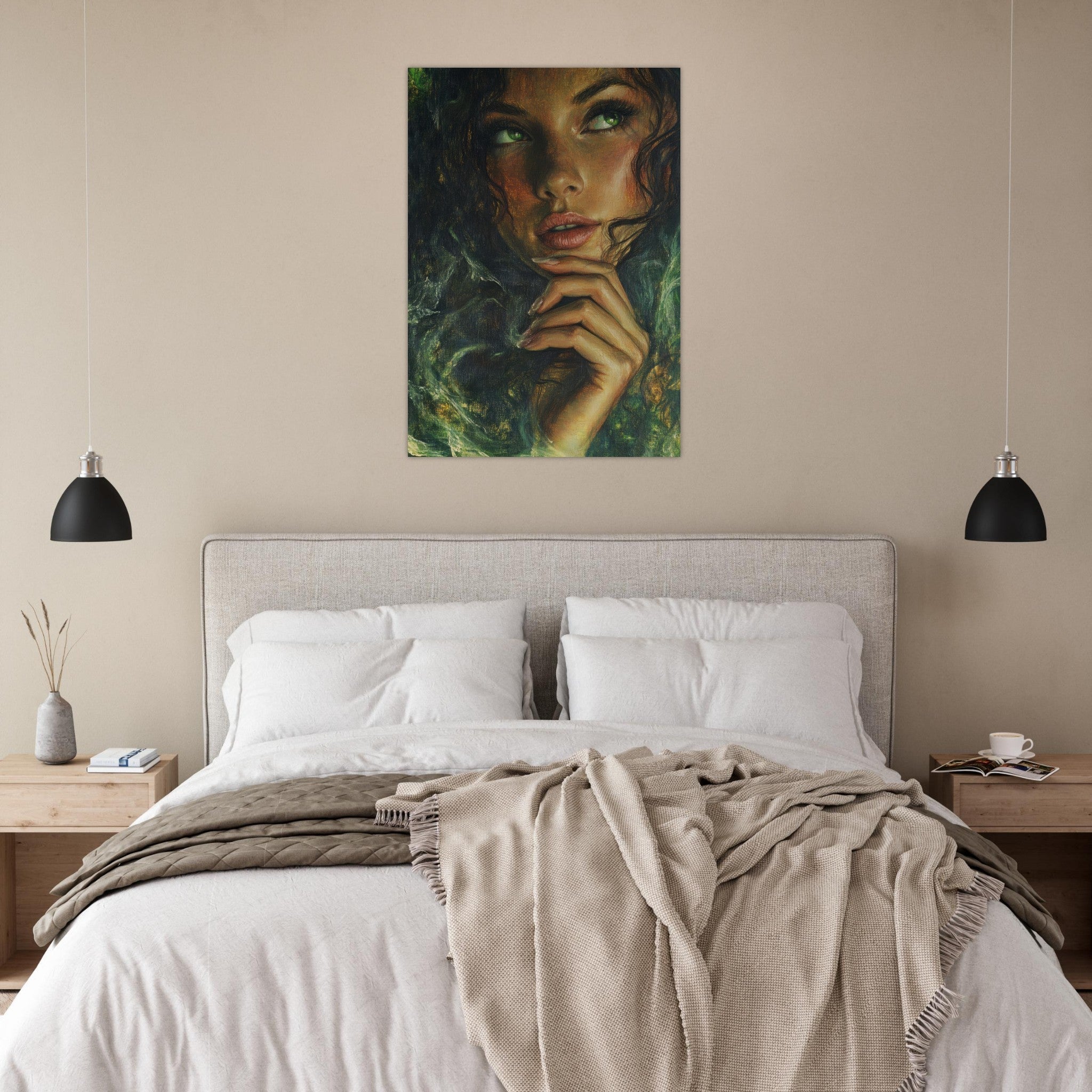 Aluminum Print Portrait - The Fae Sorceress of the Emerald Woods Oil Faint 3 - Shop Ai Art WebShop - Digital Art online Store