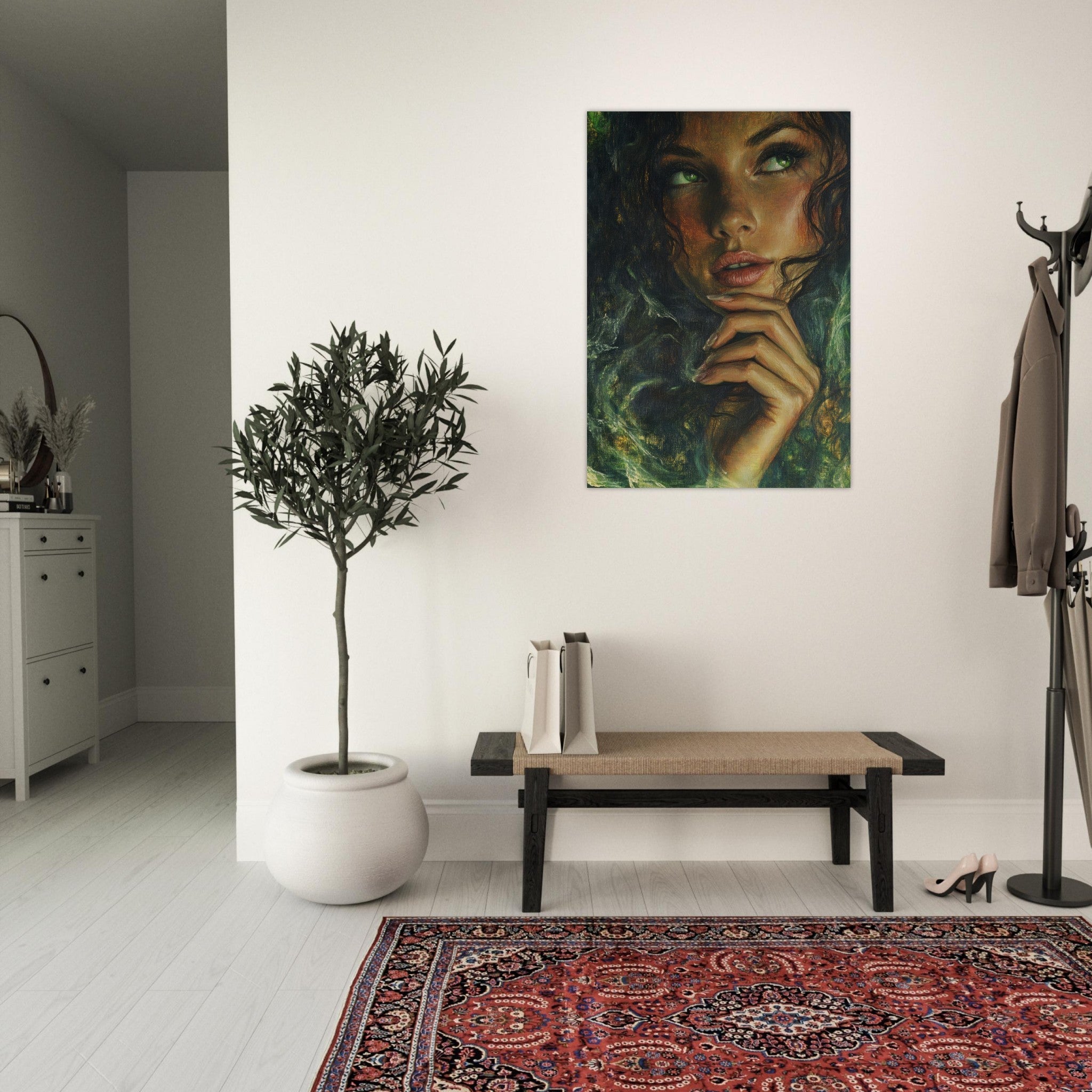 Aluminum Print Portrait - The Fae Sorceress of the Emerald Woods Oil Faint 3 - Shop Ai Art WebShop - Digital Art online Store
