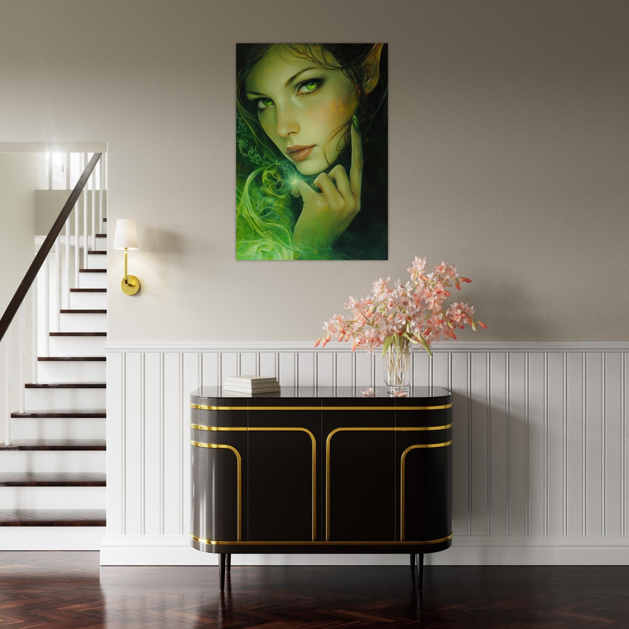 Aluminum Print Portrait - The Fae Sorceress of the Emerald Woods Oil Faint - Shop Ai Art WebShop - Digital Art online Store