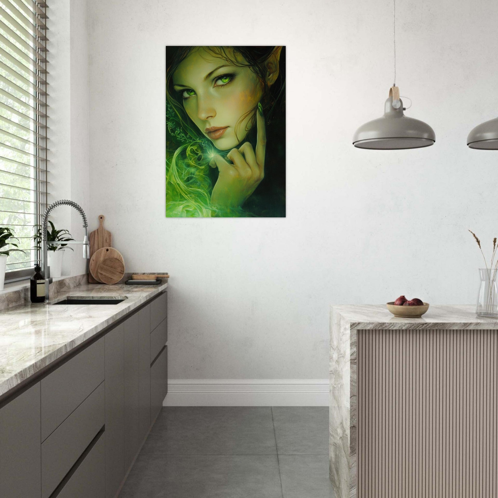 Aluminum Print Portrait - The Fae Sorceress of the Emerald Woods Oil Faint - Shop Ai Art WebShop - Digital Art online Store