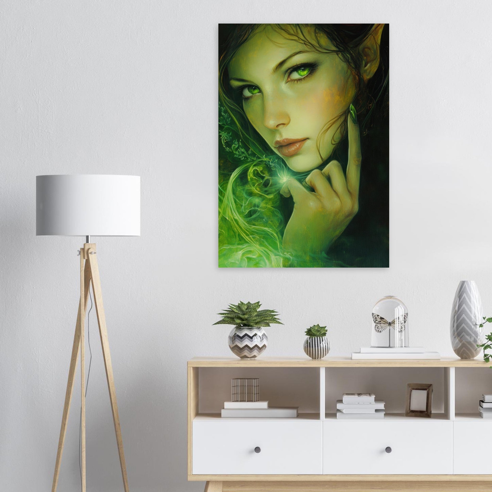 Aluminum Print Portrait - The Fae Sorceress of the Emerald Woods Oil Faint - Shop Ai Art WebShop - Digital Art online Store